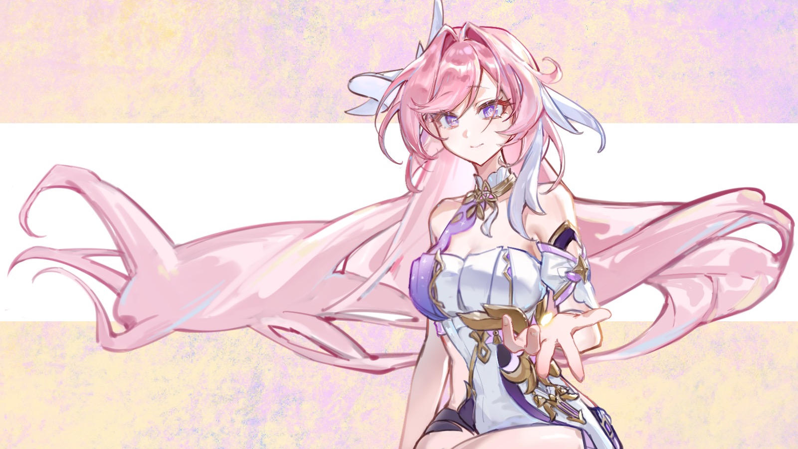 seawave02974, elysia (herrscher of human: ego) (honkai impact), elysia (honkai impact), honkai (series), honkai impact 3rd, chinese commentary, commentary request, highres, procreate (medium), 1girl, bare shoulders, black shorts, breasts, cleavage, corset, diamond-shaped pupils, diamond (shape), hair ornament, large breasts, long hair, looking at viewer, multicolored hair, pink hair, purple eyes, reaching, reaching towards viewer, short shorts, shorts, smile, solo, symbol-shaped pupils, triquetra, two-tone background, two-tone hair, very long hair, white corset, white hair