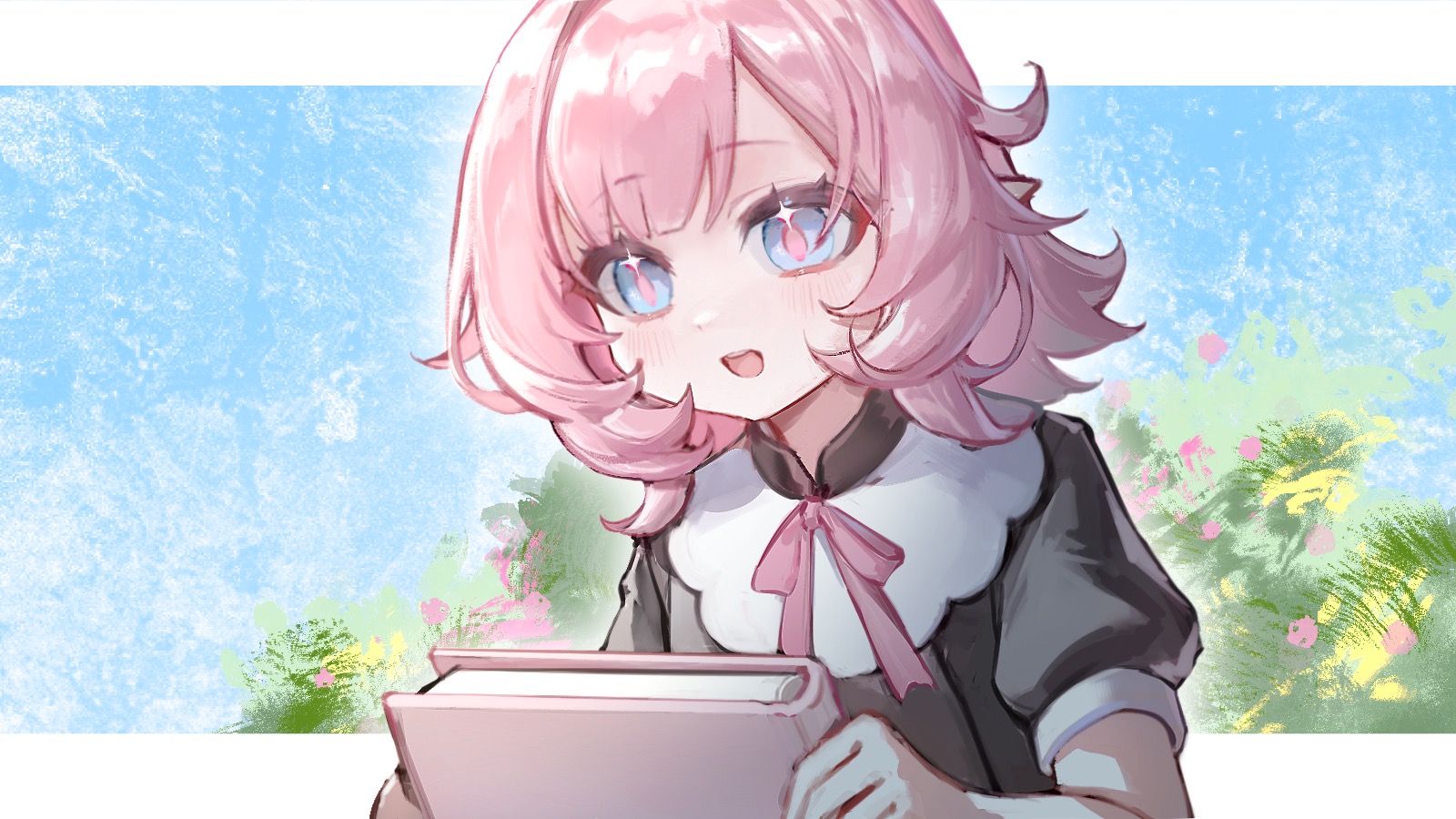 seawave02974, elysia (honkai impact), honkai (series), honkai impact 3rd, chinese commentary, commentary request, highres, procreate (medium), 1girl, aged down, black dress, blue eyes, blue sky, book, border, dress, elf, holding, holding book, medium hair, open mouth, pink hair, pink pupils, pointy ears, sky, smile, solo, white border