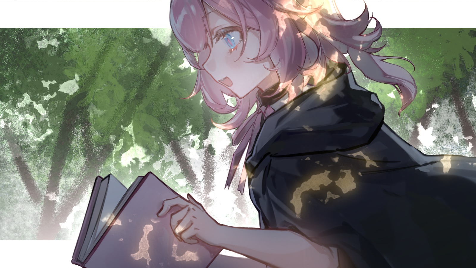 seawave02974, elysia (honkai impact), honkai (series), honkai impact 3rd, chinese commentary, commentary request, highres, procreate (medium), 1girl, aged down, black hood, blue eyes, book, border, holding, holding book, medium hair, open mouth, pink hair, pink pupils, solo, tree, white border