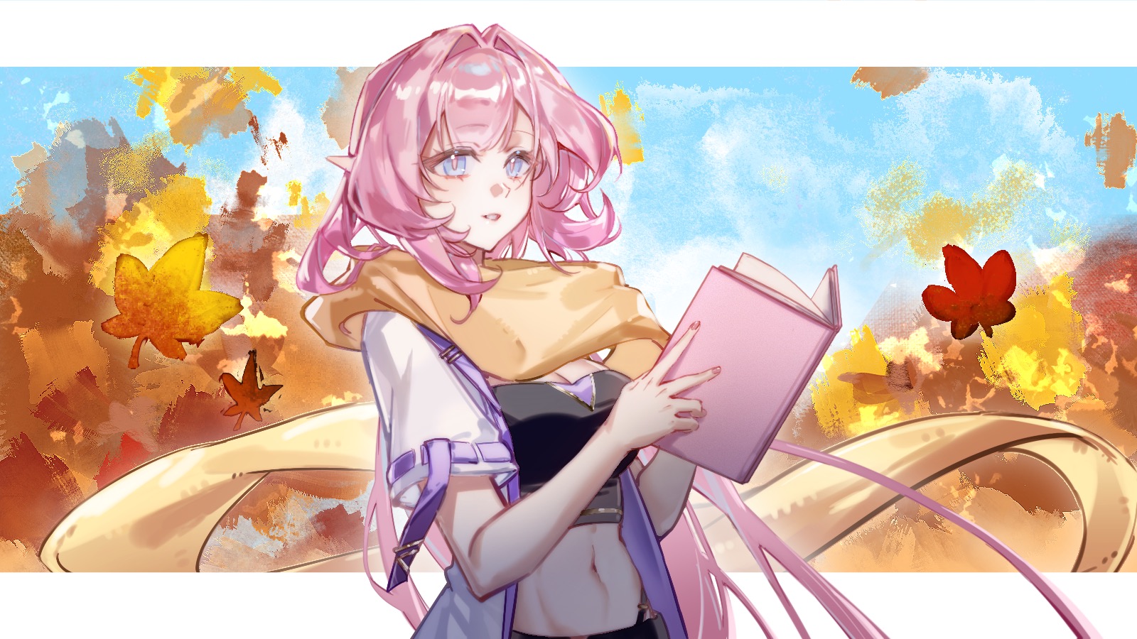 seawave02974, elysia (honkai impact), honkai (series), honkai impact 3rd, chinese commentary, commentary request, highres, procreate (medium), 1girl, autumn leaves, blue eyes, blue sky, book, border, breasts, crop top, elf, falling leaves, holding, holding book, jacket, large breasts, leaf, long hair, midriff, navel, pink hair, pointy ears, scarf, sky, solo, very long hair, white border, white jacket, yellow scarf