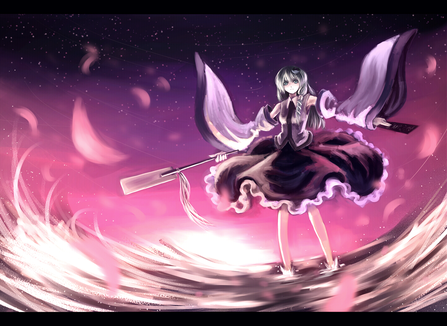 parsley-f, kochiya sanae, touhou, bad id, bad pixiv id, 1girl, detached sleeves, female focus, gohei, letterboxed, ofuda, oonusa, solo, water, wind