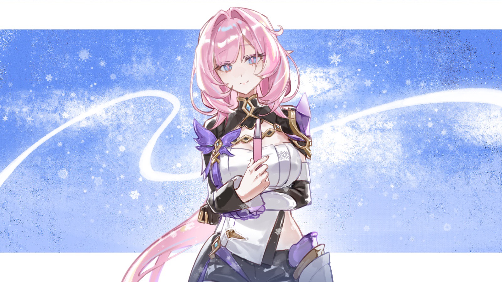 seawave02974, elysia (honkai impact), elysia (miss pink elf) (honkai impact), honkai (series), honkai impact 3rd, chinese commentary, commentary request, highres, procreate (medium), 1girl, black shorts, black shrug, blue eyes, blue sky, breasts, corset, elf, holding, large breasts, looking at viewer, pink hair, pink pupils, pointy ears, shorts, shrug (clothing), sky, smile, solo, white corset