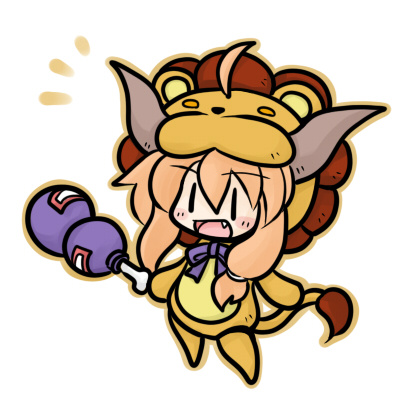 yanagi (nurikoboshi), artoria pendragon (fate), ibuki suika, saber lion, fate/stay night, fate/tiger colosseum, fate (series), touhou, lowres, 1girl, animal costume, chibi, cosplay, female focus, lion costume, parody, saber lion (cosplay), solo