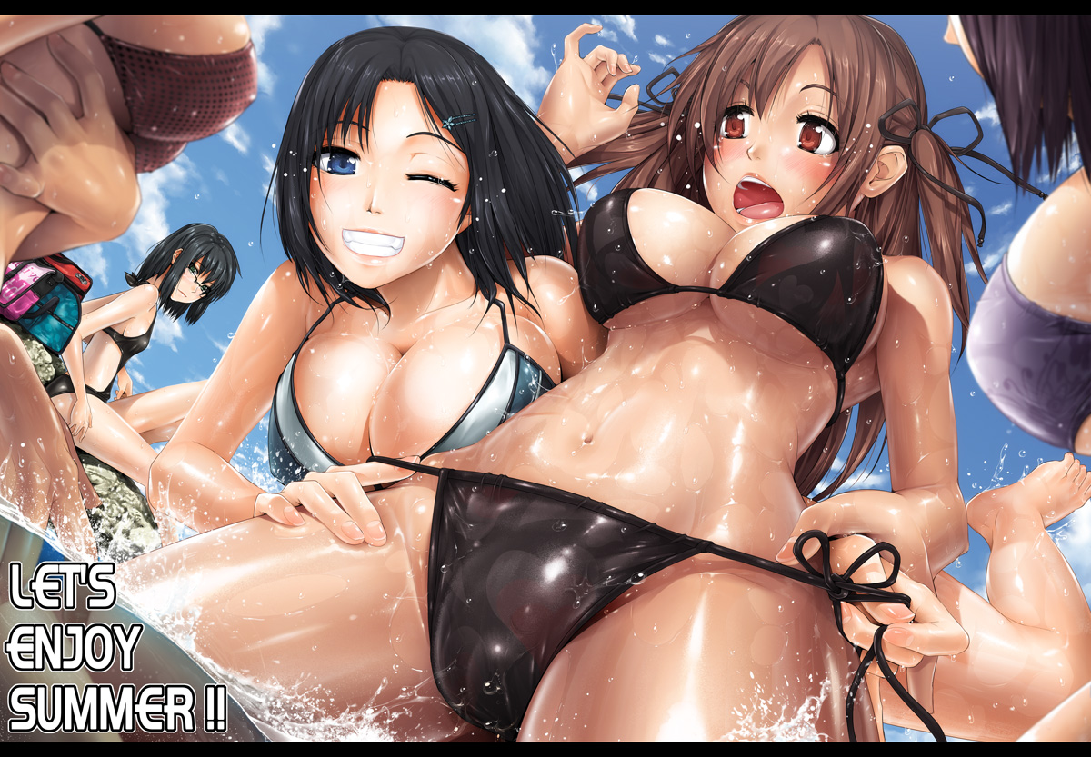 inoue makito, original, 5girls, :o, assisted exposure, bikini, black hair, blue eyes, blush, breasts, brown eyes, brown hair, cameltoe, cleavage, cloud, day, embarrassed, english text, from below, glasses, green eyes, grin, hair ornament, hairclip, hip bones, large breasts, long hair, multiple girls, navel, one eye closed, open mouth, red eyes, shiny clothes, shiny skin, side-tie bikini bottom, sideboob, smile, string bikini, summer, swimsuit, twintails, underboob, untying, water, wet, wink