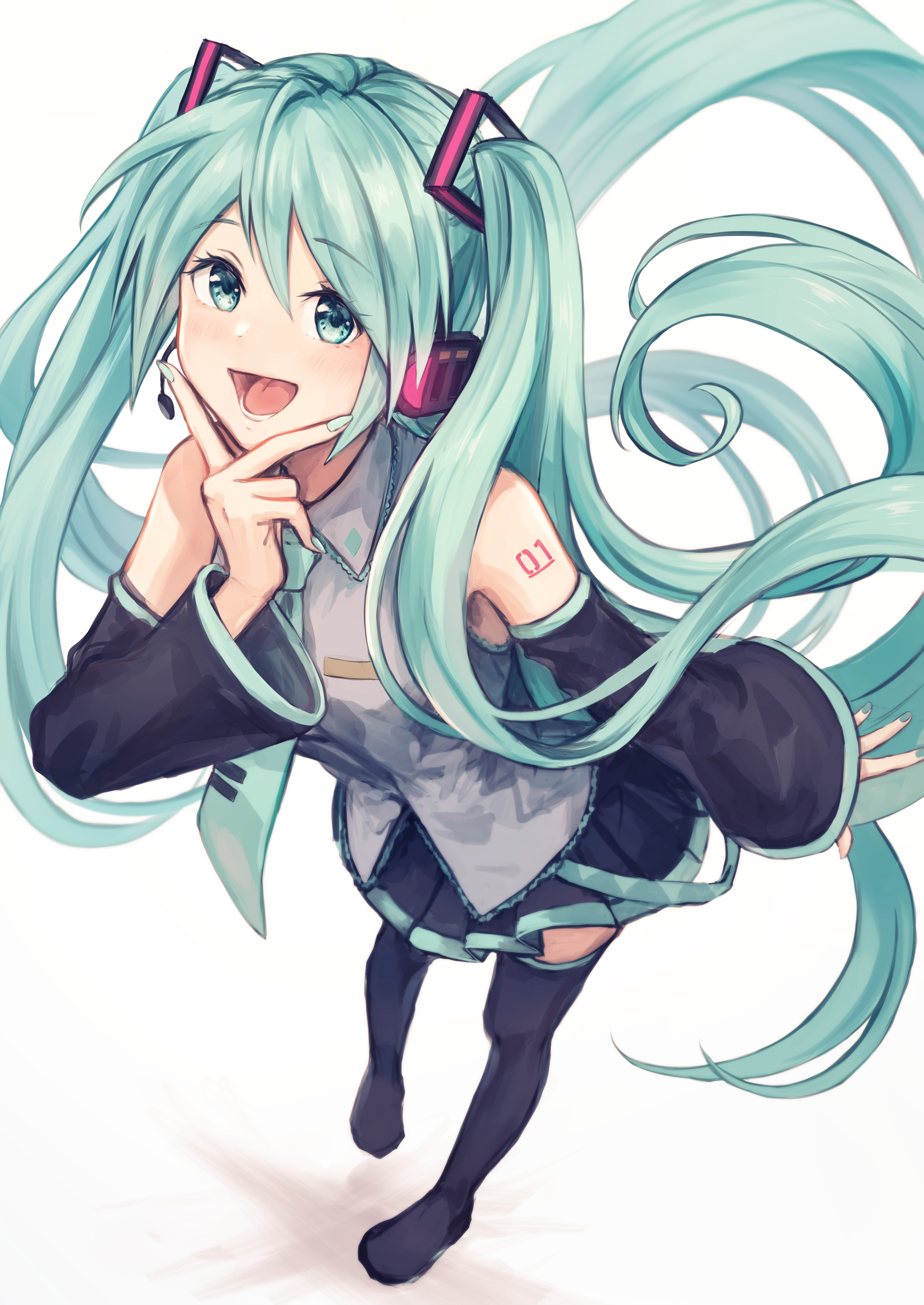 oomura saki, hatsune miku, vocaloid, absurdres, commentary request, highres, 1girl, aqua hair, black boots, black skirt, black sleeves, boots, detached sleeves, from above, grey shirt, hair between eyes, long hair, looking at viewer, open mouth, shadow, shirt, simple background, skirt, sleeveless, sleeveless shirt, smile, solo, standing, thigh boots, tongue, twintails, very long hair, white background