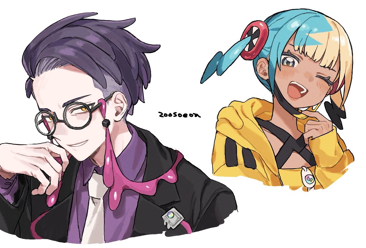 canari (pokemon), corbeau (pokemon), nintendo, pokemon, pokemon legends: z-a, commentary request, 1boy, 1girl, aqua hair, bandeau, black hair, black jacket, black mask, blonde hair, blue eyes, blush, breasts, collared shirt, criss-cross straps, cropped shoulders, dark-skinned female, dark skin, eyewear strap, glasses, jacket, long sleeves, looking at viewer, mask, mask pull, mega stone, mouth mask, multicolored hair, necktie, one eye closed, open clothes, open jacket, parted hair, parted lips, purple hair, purple shirt, round eyewear, shirt, short hair, short sideburns, short twintails, smile, split-color hair, sports bra, teeth, twintails, two-tone hair, two-tone mask, undercut, white necktie, yellow bandeau, yellow eyes, yellow jacket, yellow mask, yellow sports bra, zoosoeoa