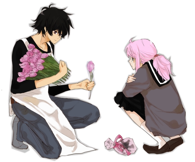 seki (kaguudou), feldt grace, setsuna f. seiei, gundam, gundam 00, 00s, 1boy, 1girl, apron, black hair, couple, flower, hetero, kneeling, low ponytail, pink hair, ponytail, school uniform, tears