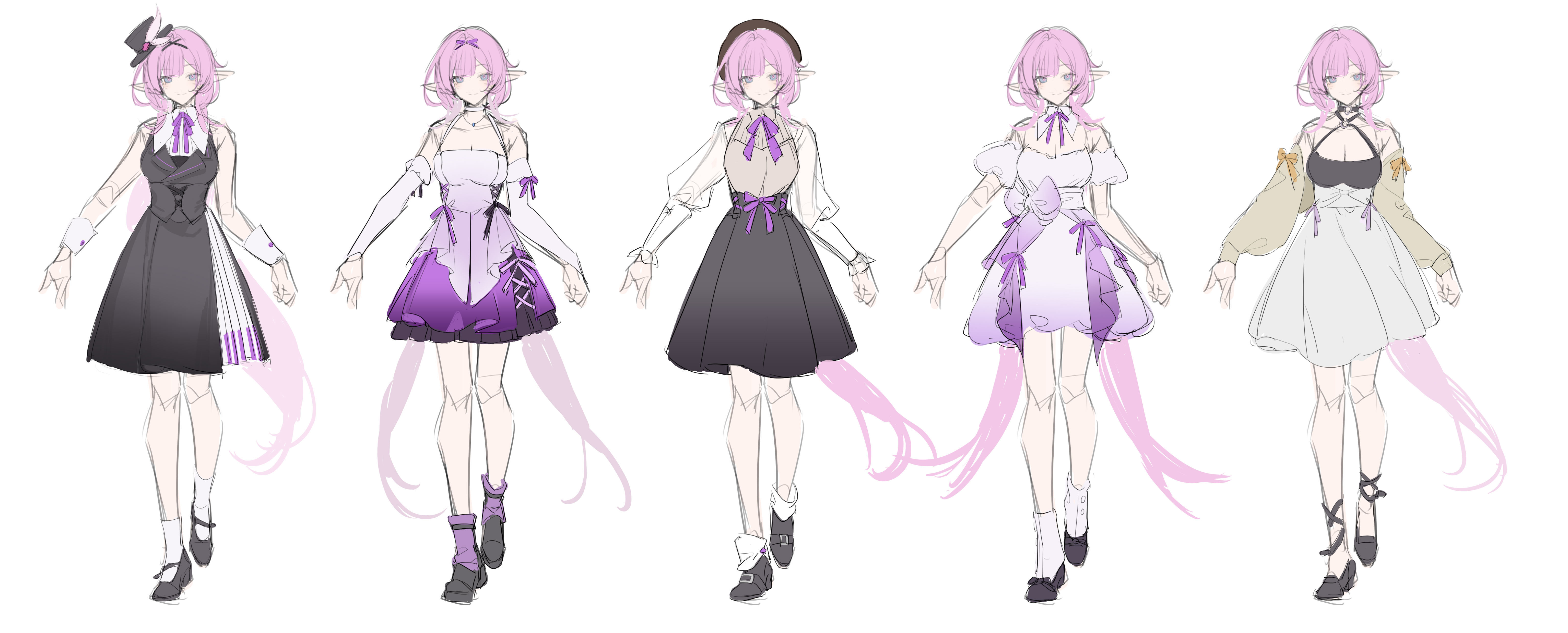 sang sha, elysia (honkai impact), honkai (series), honkai impact 3rd, absurdres, artist collaboration, commentary, english commentary, highres, 1girl, alternate costume, bare shoulders, black dress, black hat, black skirt, blue eyes, breasts, brown jacket, cleavage, dress, hat, jacket, large breasts, long hair, looking at viewer, multiple views, pink hair, pointy ears, purple dress, reference sheet, shirt, simple background, sketch, skirt, very long hair, white background, white dress, white shirt, zelian