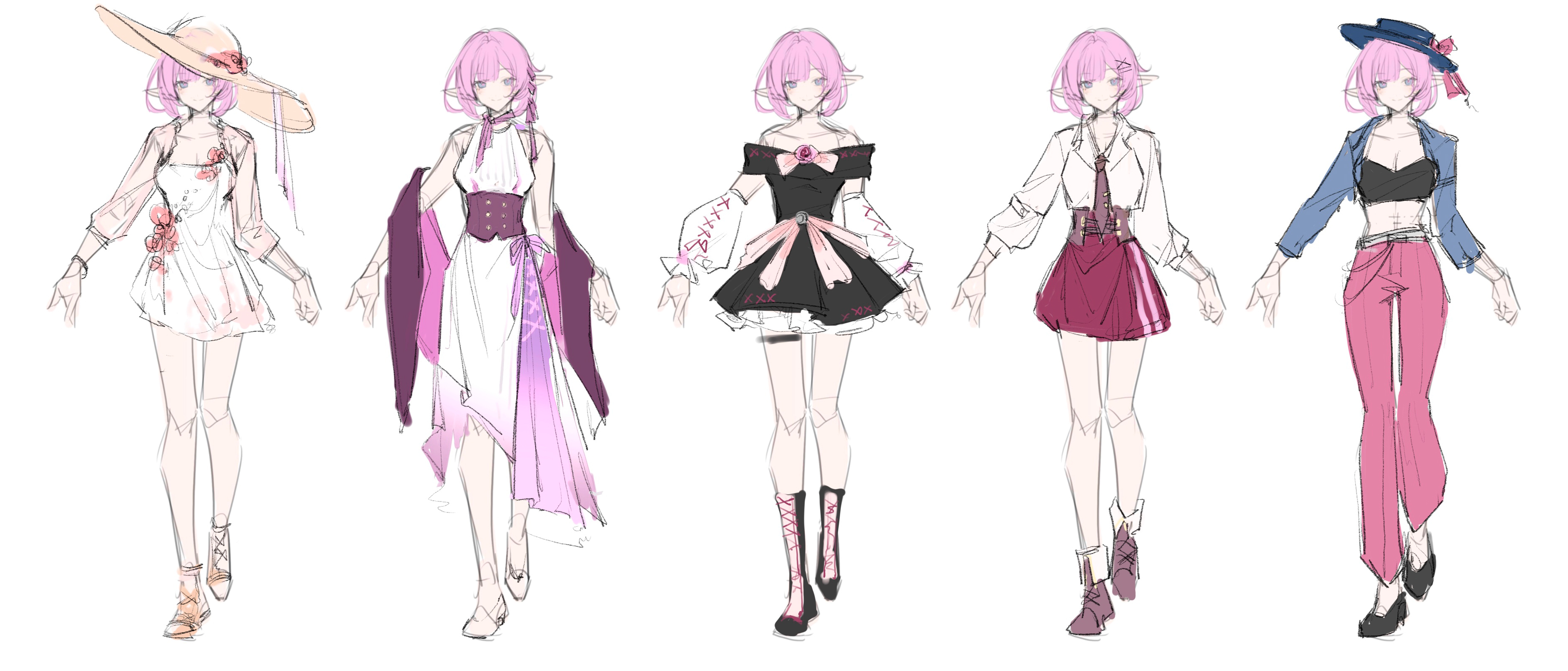 sang sha, elysia (honkai impact), honkai (series), honkai impact 3rd, absurdres, artist collaboration, commentary, english commentary, highres, 1girl, alternate costume, bare shoulders, black dress, blue eyes, blue hat, breasts, brown hat, cleavage, crop top, denim, denim jacket, dress, hat, jacket, large breasts, long hair, looking at viewer, multiple views, pants, pink jacket, pink pants, pink skirt, pointy ears, reference sheet, shirt, simple background, sketch, skirt, sun hat, very long hair, white background, white dress, white shirt, zelian