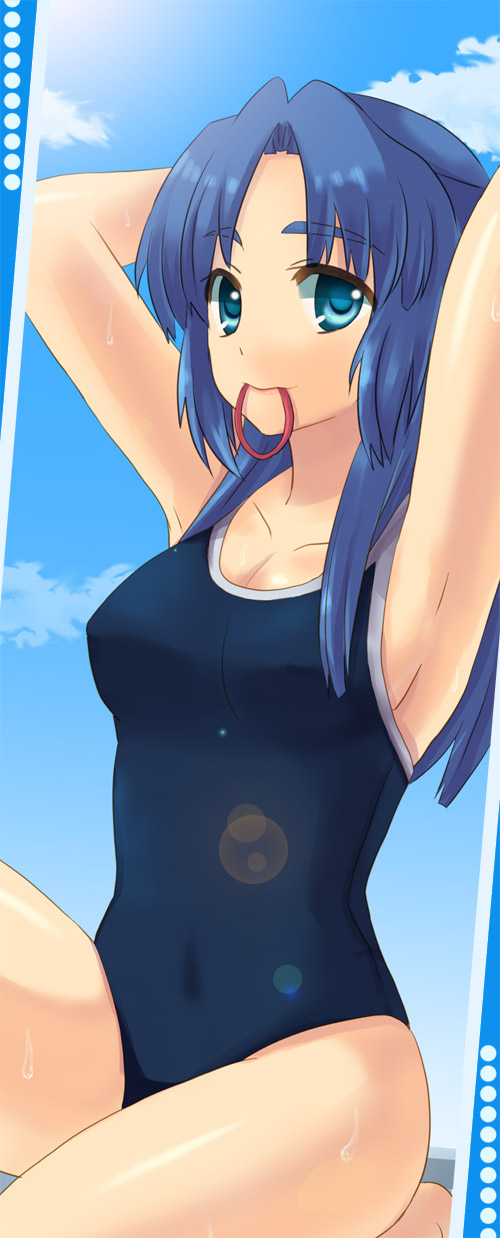 kawachi (ky3550), ky3550, asakura ryoko, suzumiya haruhi no yuuutsu, highres, 00s, adjusting hair, armpits, blue eyes, blue hair, competition swimsuit, long hair, mouth hold, one-piece swimsuit, solo, swimsuit