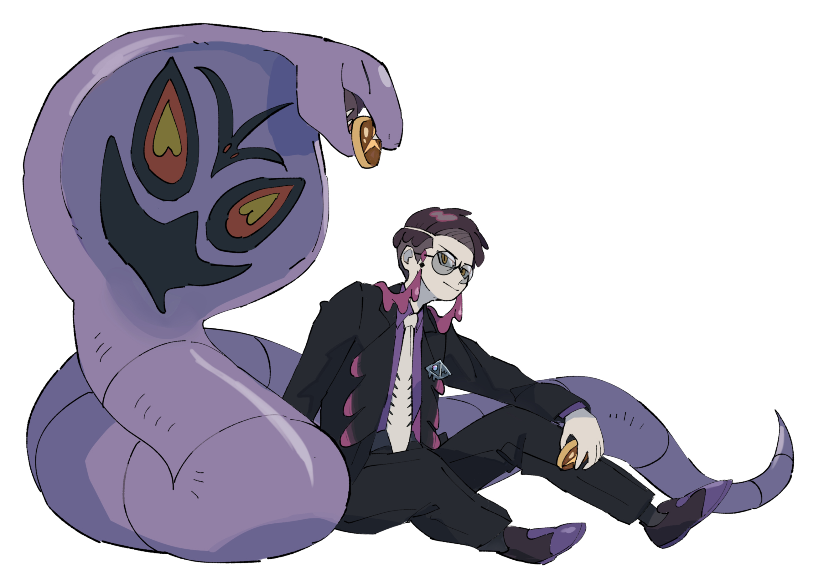 mashita. (mentaiko omoti), arbok, corbeau (pokemon), nintendo, pokemon, pokemon legends: z-a, highres, 1boy, black-framed eyewear, black hair, black jacket, black pants, closed eyes, closed mouth, cobra (animal), collared shirt, eyewear strap, fangs, food, food in mouth, gen 1 pokemon, glasses, holding, holding food, jacket, long sleeves, mega stone, necktie, open clothes, open jacket, open mouth, pants, parted hair, pokemon (creature), purple hair, purple shirt, round eyewear, shirt, short hair, short sideburns, simple background, sitting, smile, snake, tail, undercut, white background, white necktie, yellow eyes