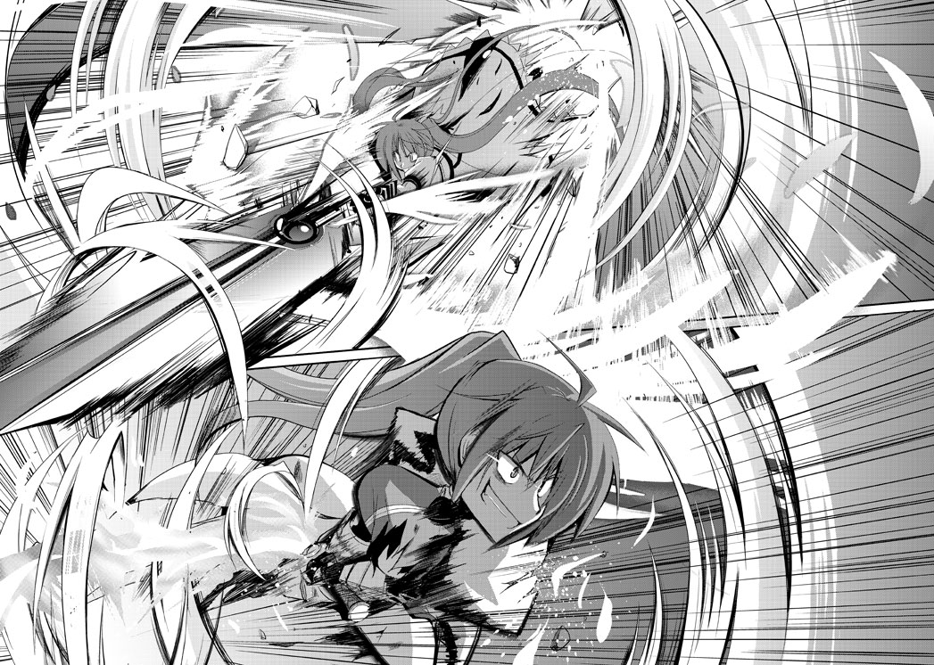 kazekawa nagi, laevatein (nanoha), raising heart, signum, takamachi nanoha, lyrical nanoha, mahou shoujo lyrical nanoha, mahou shoujo lyrical nanoha strikers, 00s, 2girls, battle, energy wings, fingerless gloves, fire, flaming sword, flaming weapon, gloves, greyscale, grin, jacket, magical girl, monochrome, multiple girls, open clothes, open jacket, ponytail, smile, sword, twintails, waist cape, weapon, white devil, wings