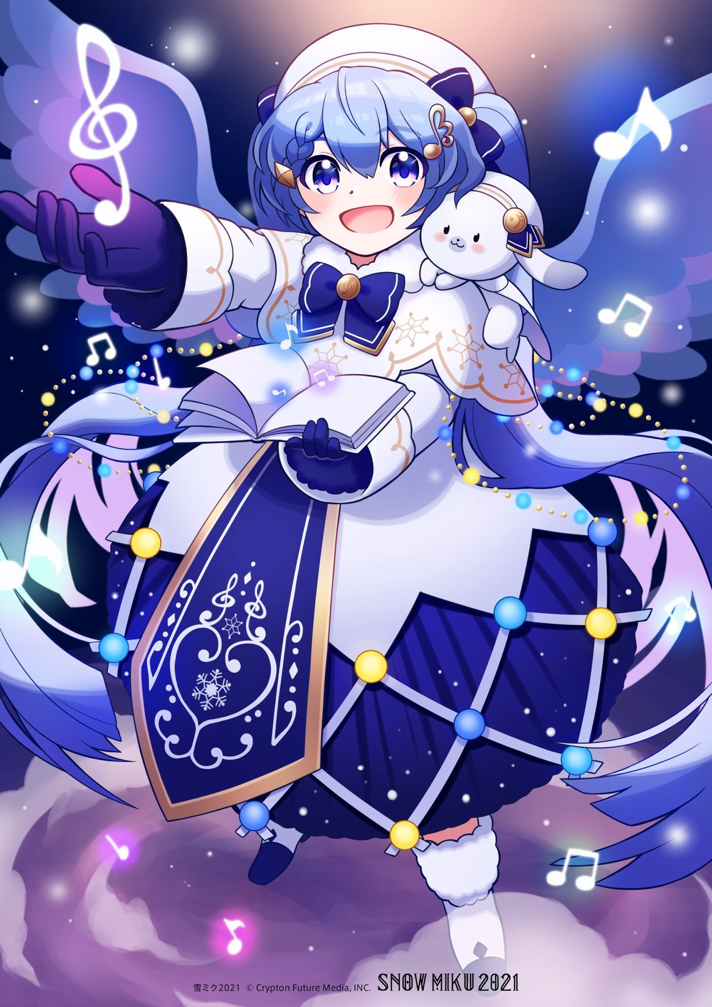 norikkonori, hatsune miku, rabbit yukine, yuki miku, yuki miku (2021), vocaloid, commentary request, highres, 1girl, aqua eyes, aqua hair, beret, blue bow, blue gloves, blue tabard, blush, book, bow, braid, capelet, character name, dress, fortissimo, gloves, gold trim, hair between eyes, hair ornament, hat, holding, holding book, long hair, long sleeves, looking at viewer, musical note, musical note hair ornament, official alternate costume, official alternate hairstyle, open mouth, smile, snowflake print, snowing, tabard, twintails, very long hair, white capelet, white hat