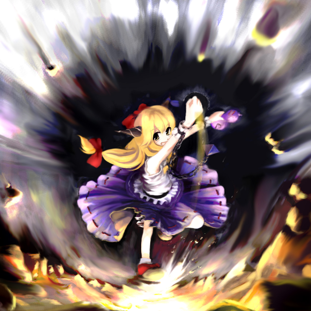 tsubasa (abchipika), ibuki suika, touhou, highres, 1girl, arms up, blue eyes, blush, bow, female focus, full body, hair bow, horns, long hair, looking at viewer, low-tied long hair, oni, red bow, solo, standing, standing on one leg, thighhighs, very long hair, white thighhighs, zettai ryouiki