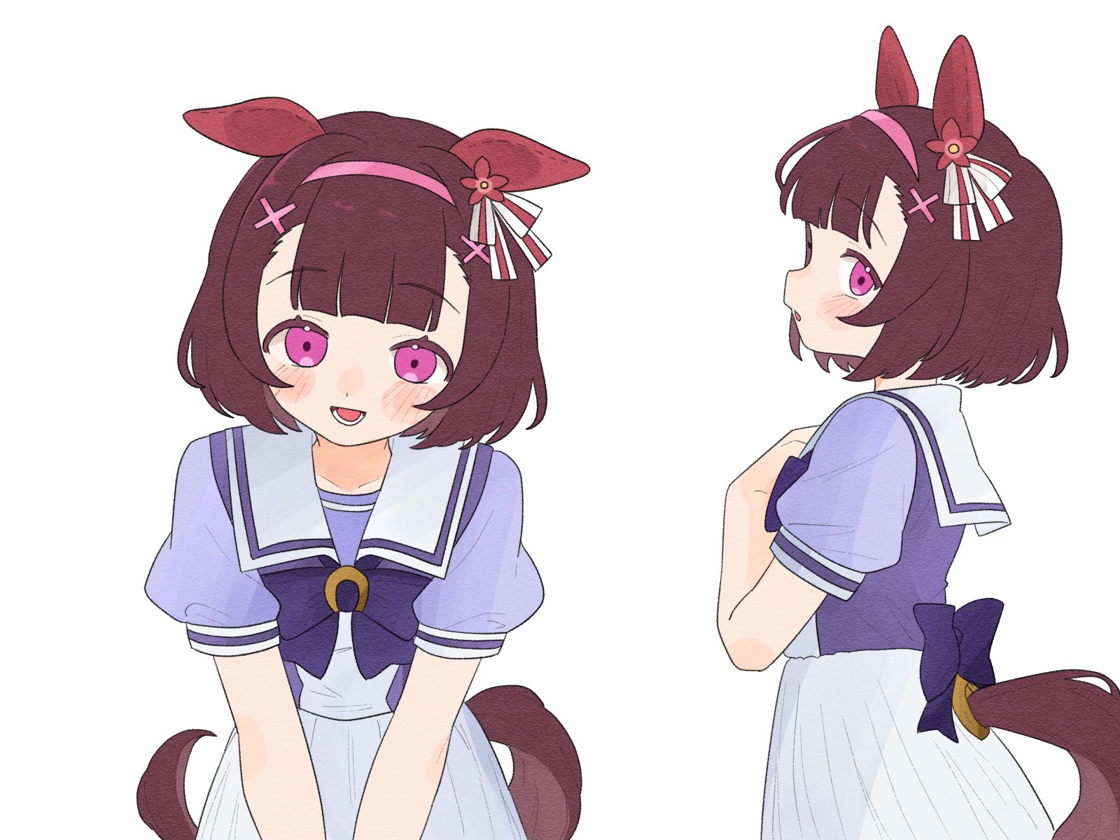 ofo j1, nishino flower (umamusume), umamusume, commentary, hashtag-only commentary, highres, 1girl, :d, animal ears, back bow, blunt bangs, blush, bob cut, bow, bowtie, brown hair, cowboy shot, ear bow, ear covers, ear flower, ear ornament, film grain, hair ornament, hairband, hand on own chest, horse ears, horse girl, horse tail, horseshoe ornament, looking at viewer, multiple girls, open mouth, pink hairband, pleated skirt, puffy short sleeves, puffy sleeves, purple bow, purple bowtie, purple eyes, purple shirt, sailor collar, sailor shirt, school uniform, shirt, short hair, short sleeves, sideways glance, simple background, skirt, smile, tail, tracen school uniform, white background, white sailor collar, white skirt, x hair ornament