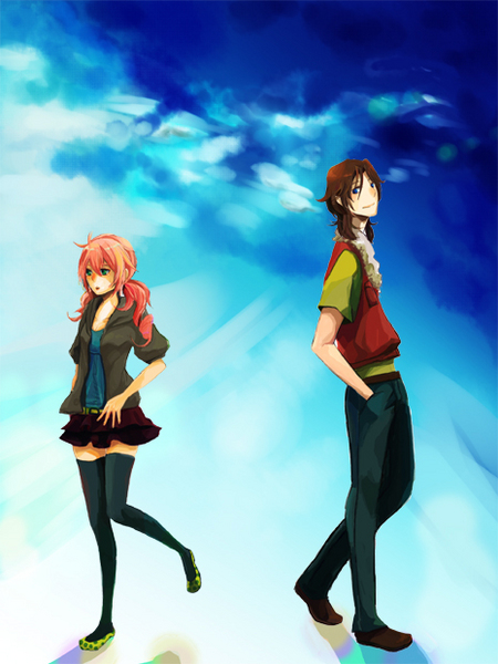 feldt grace, lockon stratos, gundam, gundam 00, 00s, brown hair, couple, pink hair, skirt, smile, twintails, vest