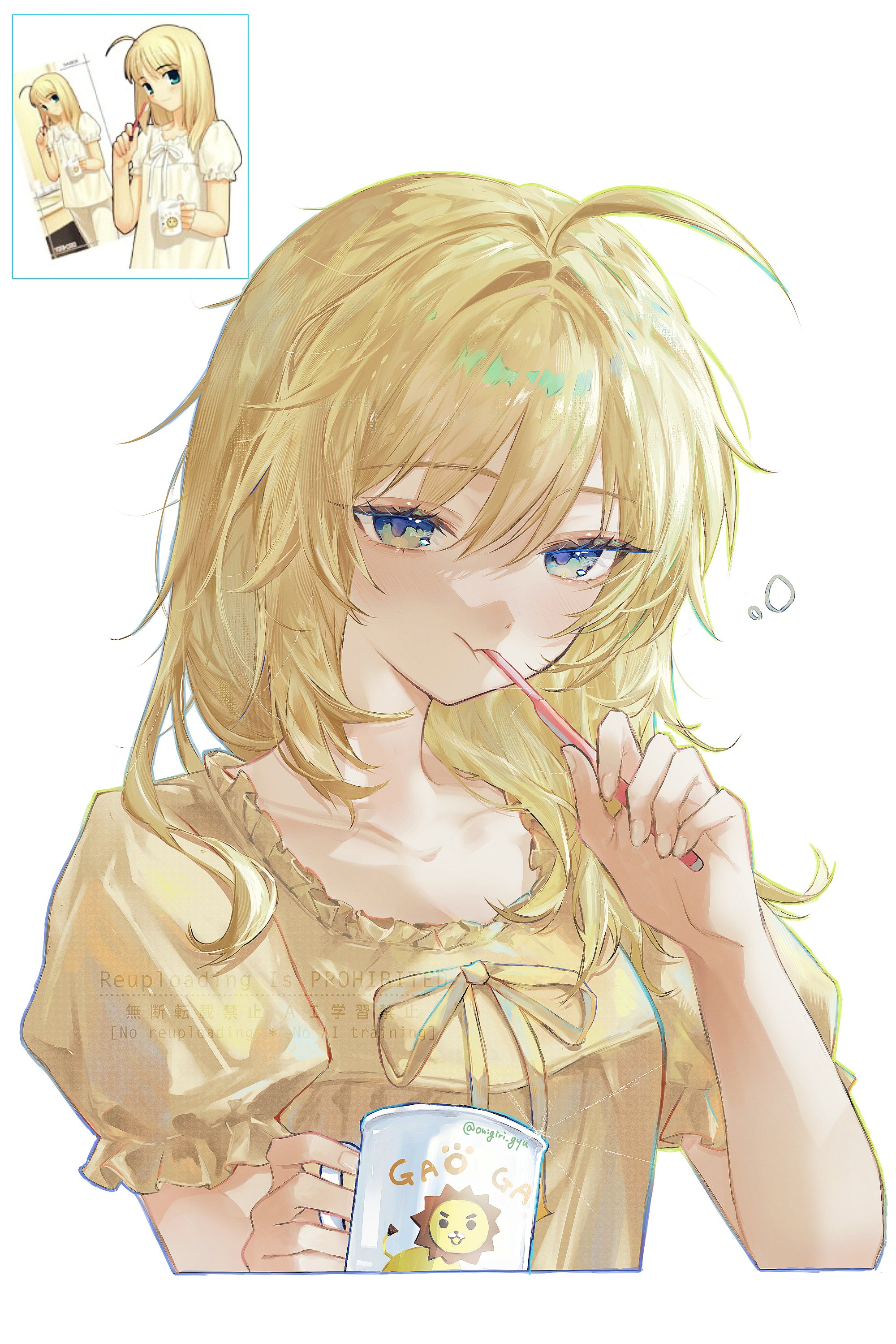 nigiri, artoria pendragon (fate), saber (fate), fate/stay night, fate (series), absurdres, commentary, highres, symbol-only commentary, 1girl, ahoge, blonde hair, blue eyes, brushing teeth, cropped torso, cup, holding, holding cup, long hair, looking at viewer, pajamas, puffy short sleeves, puffy sleeves, reference inset, short sleeves, simple background, solo, toothbrush, toothbrush in mouth, twitter username, watermark, white background, yellow pajamas
