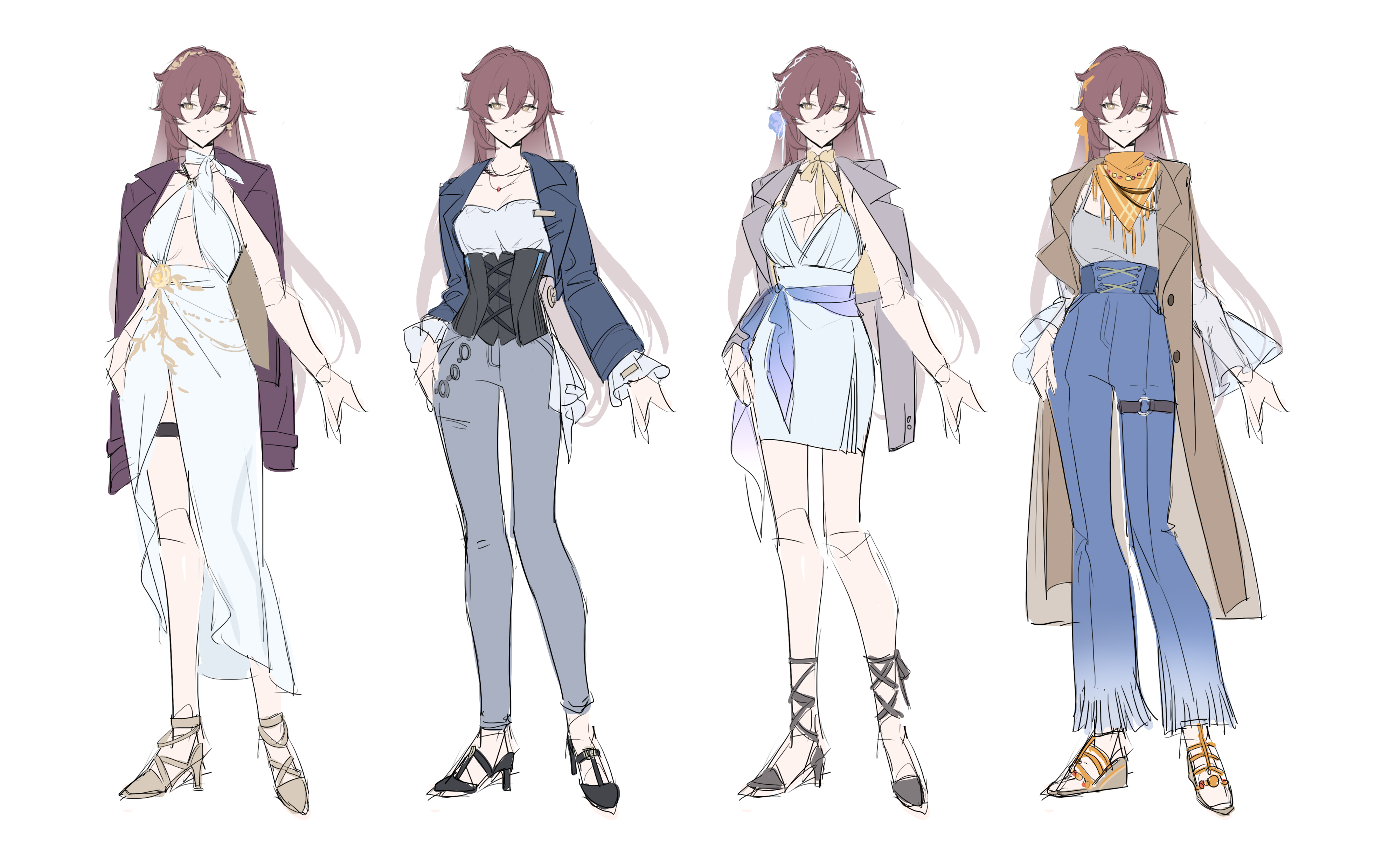 sang sha, eden (honkai impact), honkai (series), honkai impact 3rd, absurdres, artist collaboration, commentary, english commentary, highres, 1girl, alternate costume, blue jacket, blue pants, breasts, brown coat, brown hair, cleavage, coat, corset, dress, grey jacket, grey pants, hair between eyes, high-waist pants, jacket, jacket on shoulders, long hair, looking at viewer, medium breasts, multiple views, o-ring, o-ring thigh strap, orange scarf, pants, parted lips, purple jacket, reference sheet, scarf, simple background, sketch, smile, thigh strap, white background, white dress, yellow eyes, zelian