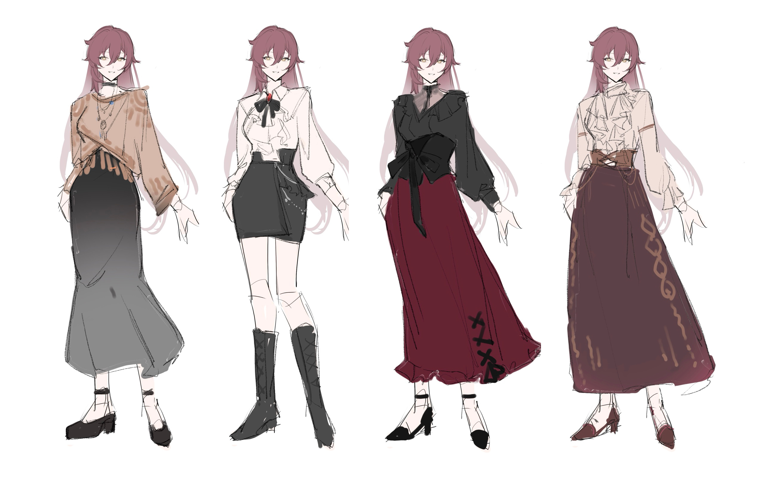 sang sha, eden (honkai impact), honkai (series), honkai impact 3rd, artist collaboration, commentary, english commentary, highres, 1girl, alternate costume, black boots, black shoes, black skirt, boots, brown hair, brown shirt, brown skirt, hair between eyes, high heels, long hair, long skirt, long sleeves, looking at viewer, multiple views, red skirt, reference sheet, shirt, shoes, simple background, sketch, skirt, white background, white shirt, yellow eyes, zelian