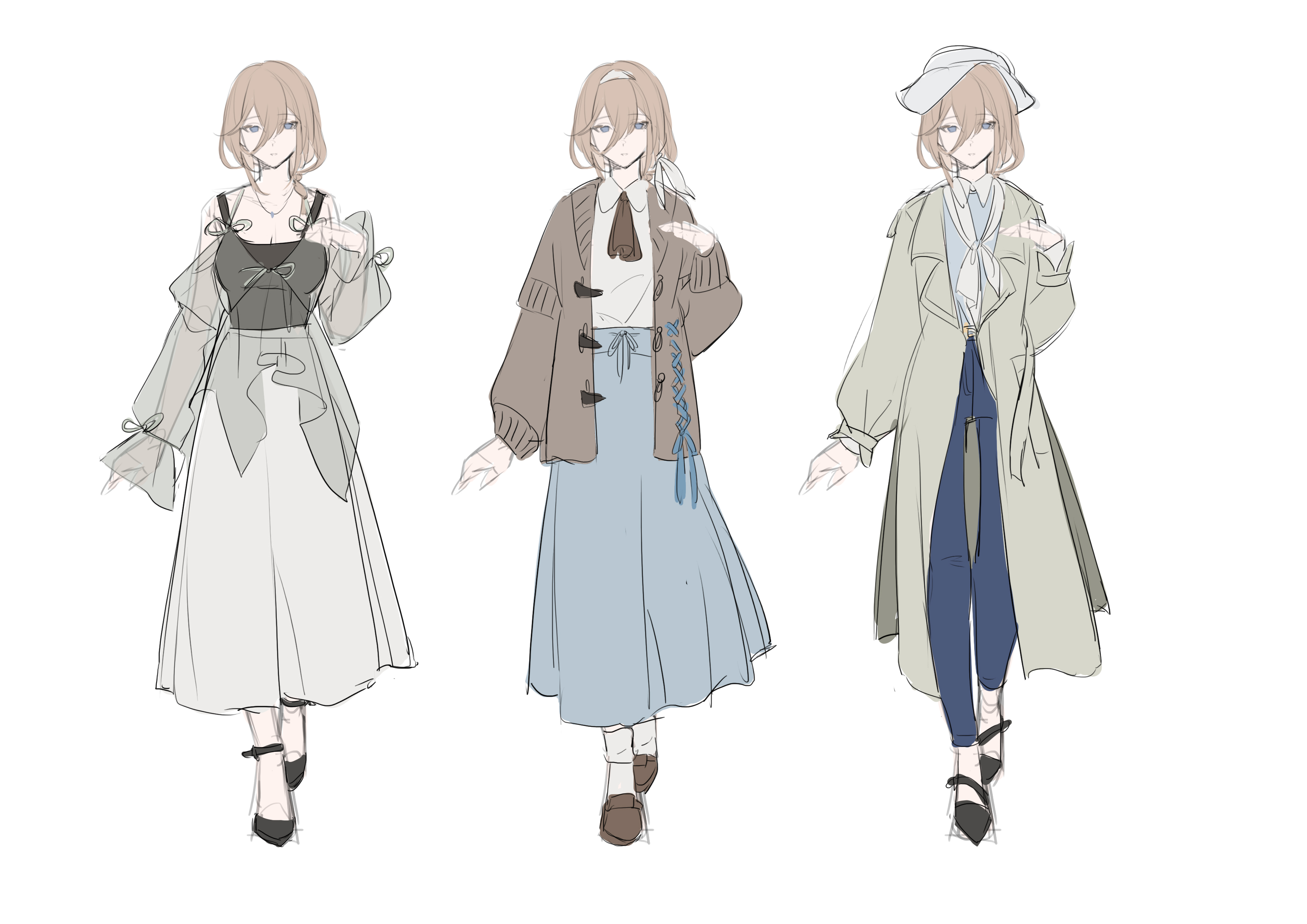 sang sha, aponia, honkai (series), honkai impact 3rd, absurdres, artist collaboration, commentary, english commentary, highres, 1girl, alternate costume, black shirt, black shoes, blonde hair, blue eyes, blue pants, blue shirt, blue skirt, breasts, brown cardigan, cardigan, cleavage, coat, grey coat, hair between eyes, hairband, hand up, hat, large breasts, long skirt, long sleeves, looking at viewer, medium hair, multiple views, open cardigan, open clothes, pants, parted lips, reference sheet, see-through clothes, see-through shirt, shirt, shoes, simple background, sketch, skirt, white background, white hairband, white hat, white skirt, zelian