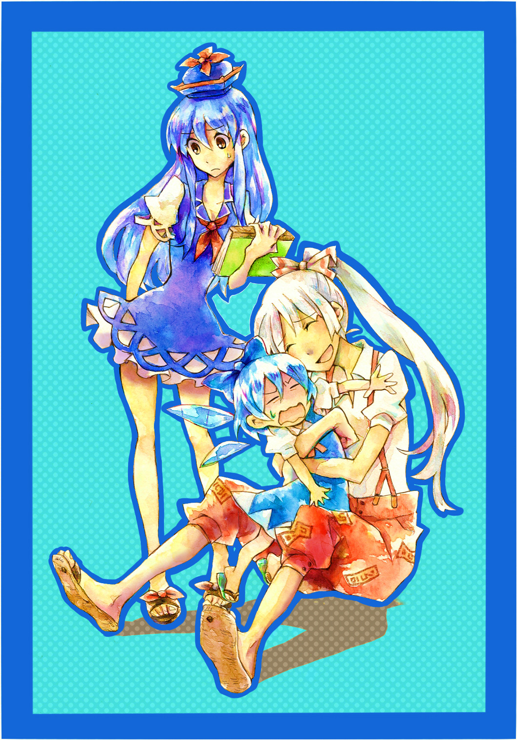 shinoasa, cirno, fujiwara no mokou, kamishirasawa keine, touhou, silver hair, bad id, bad pixiv id, highres, blue hair, book, bow, hair ribbon, hat, hug, long hair, ribbon, sandals, short hair, suspenders, wings