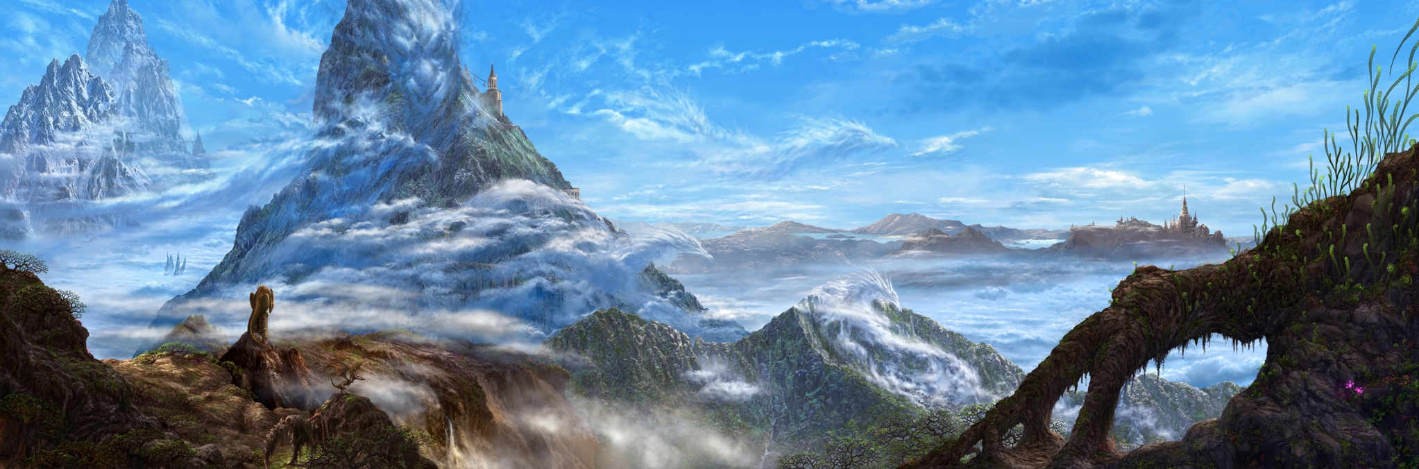 kazumasa uchio, uchio kazumasa, original, highres, long image, wide image, cloud, day, dragon, fantasy, grand scale, landscape, mountain, no humans, scenery, sky