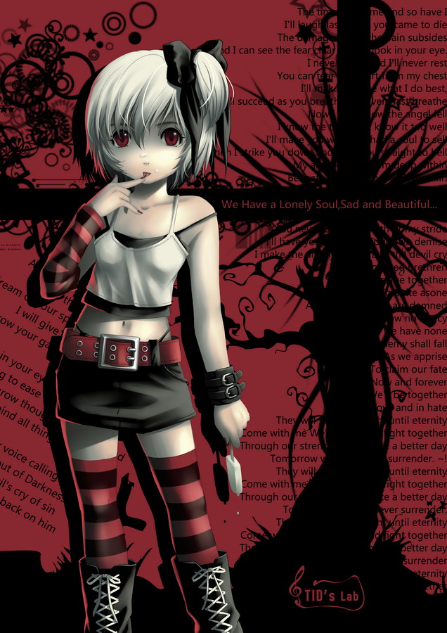 tidsean, original, bad id, bad pixiv id, belt, boots, food, lace-up boots, midriff, navel, ponytail, popsicle, red eyes, short hair, side ponytail, solo, striped clothes, striped thighhighs, thighhighs, white hair, wrist cuffs