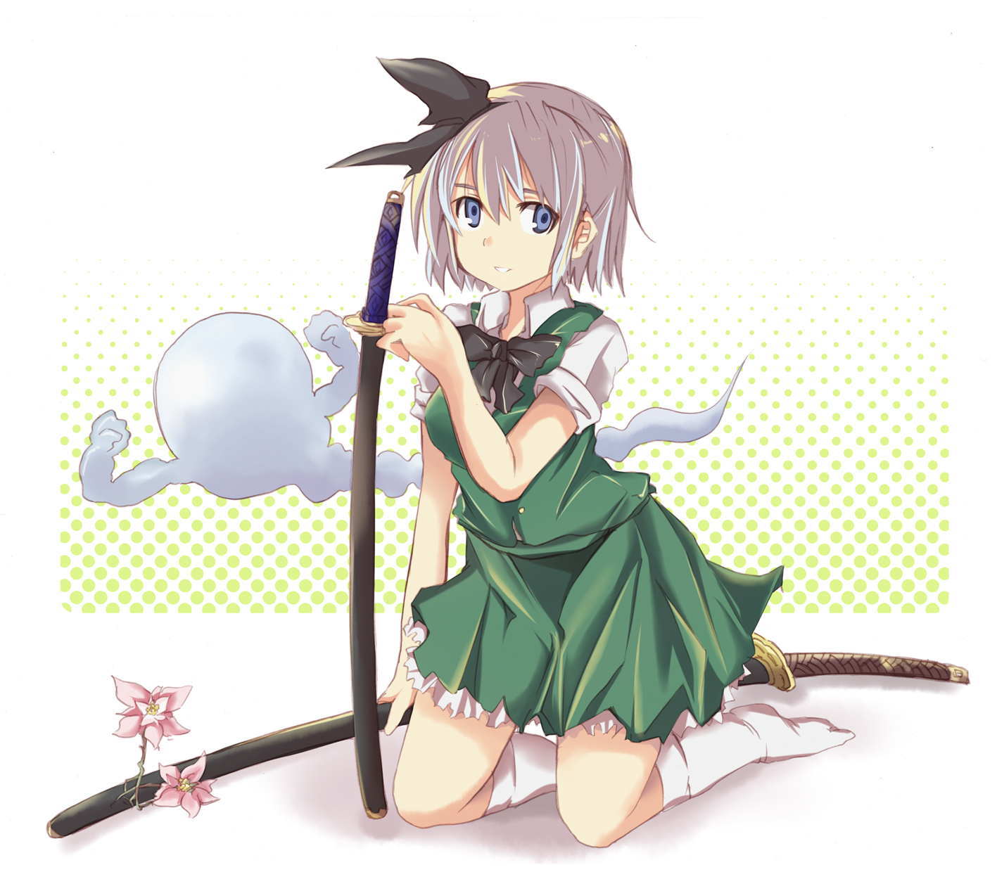 maturiuta sorato, konpaku youmu, konpaku youmu (ghost), touhou, silver hair, highres, 1girl, female focus, flower, ghost, hair ribbon, hitodama, kneeling, ribbon, sheath, sheathed, short hair, socks, solo, sword, weapon