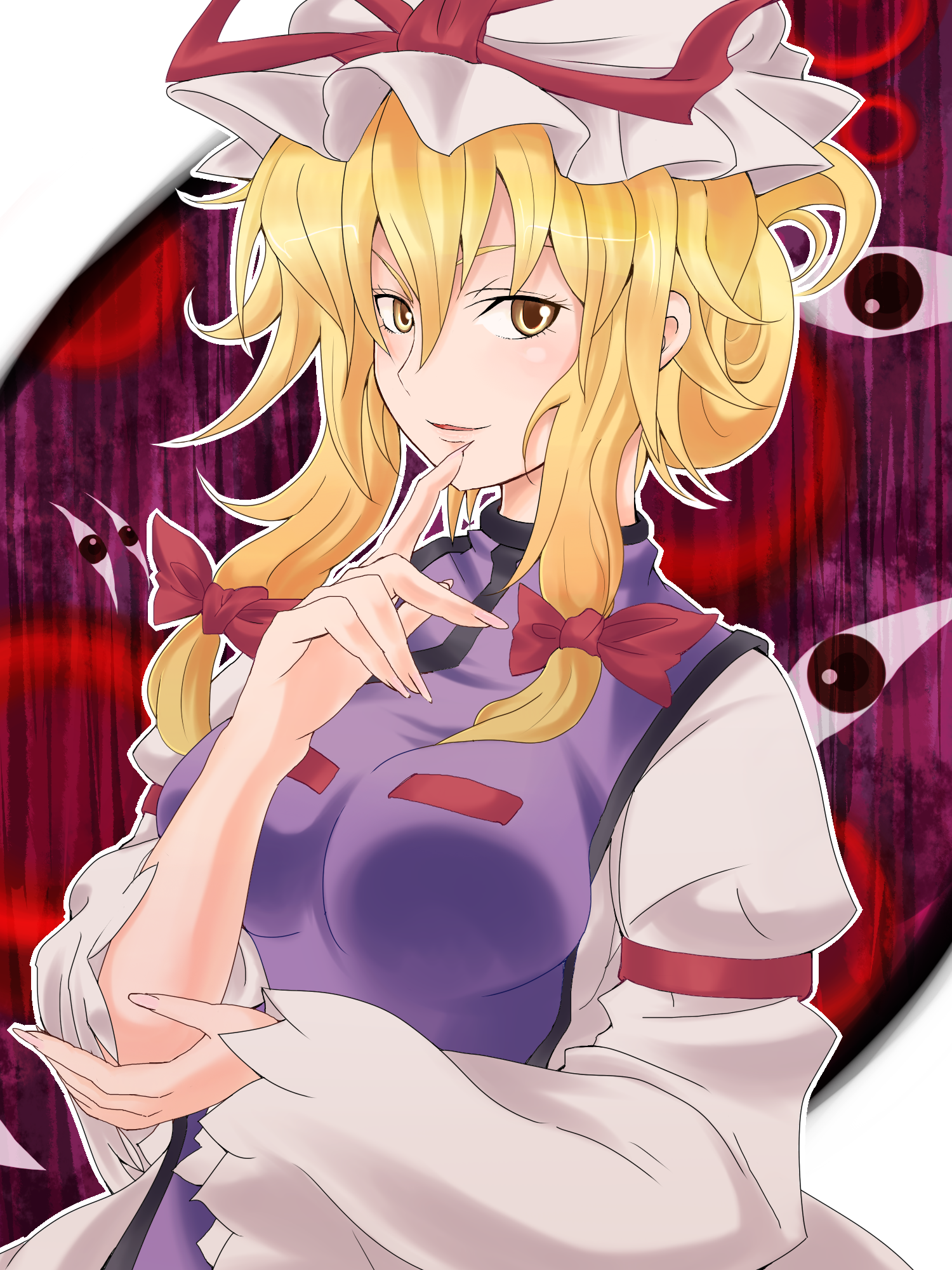 amagase lyle, yakumo yukari, touhou, highres, 1girl, blonde hair, breasts, female focus, gap (touhou), hat, short hair, solo, yellow eyes