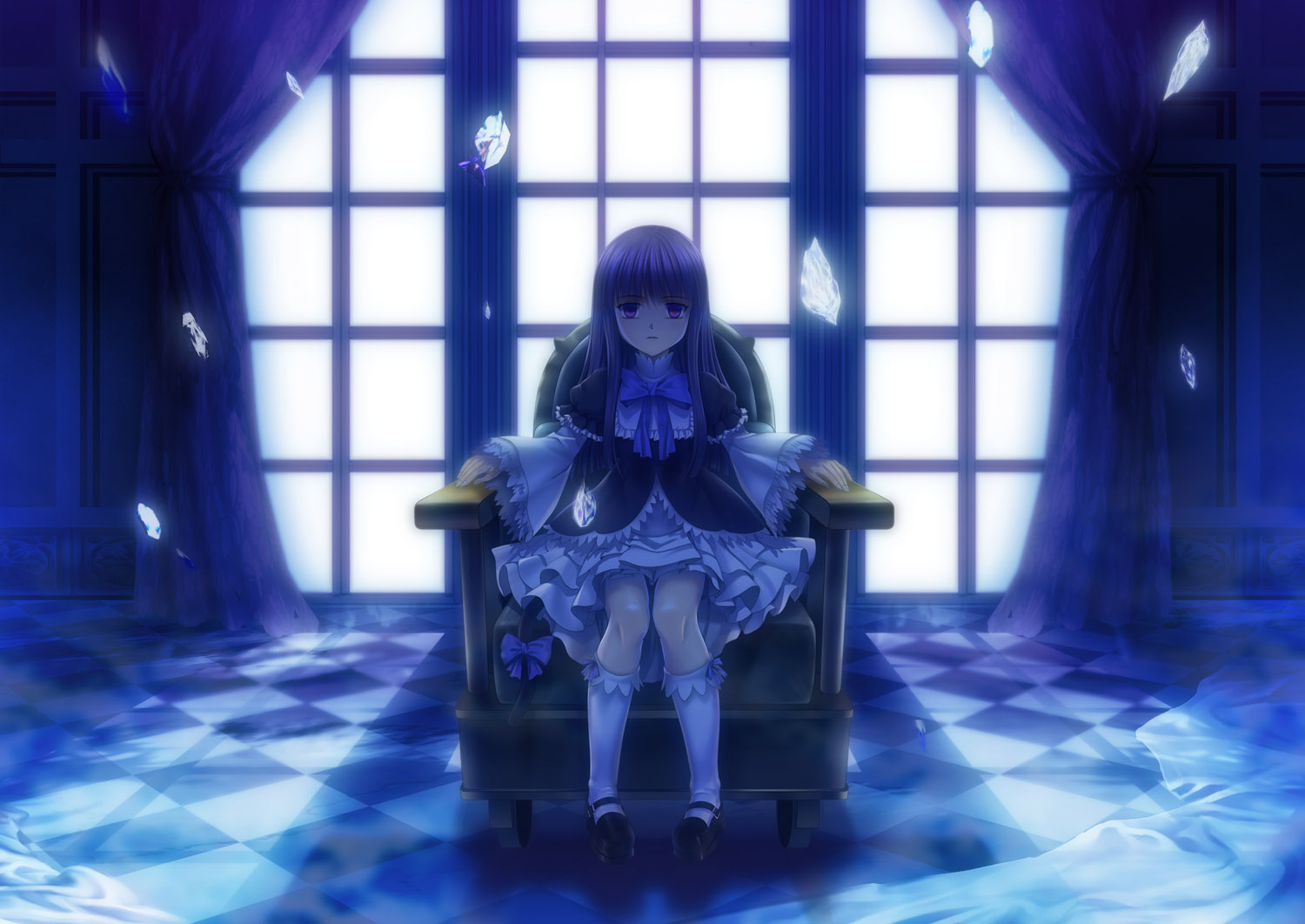 mutsuki (moonknives), ryukishi07, frederica bernkastel, umineko no naku koro ni, 00s, 1girl, backlighting, blue hair, cat tail, chair, checkered floor, dress, female focus, gothic lolita, indoors, kneehighs, lolita fashion, long hair, mary janes, on chair, purple eyes, ribbon, serious, shoes, sitting, socks, solo, tail, white socks, window