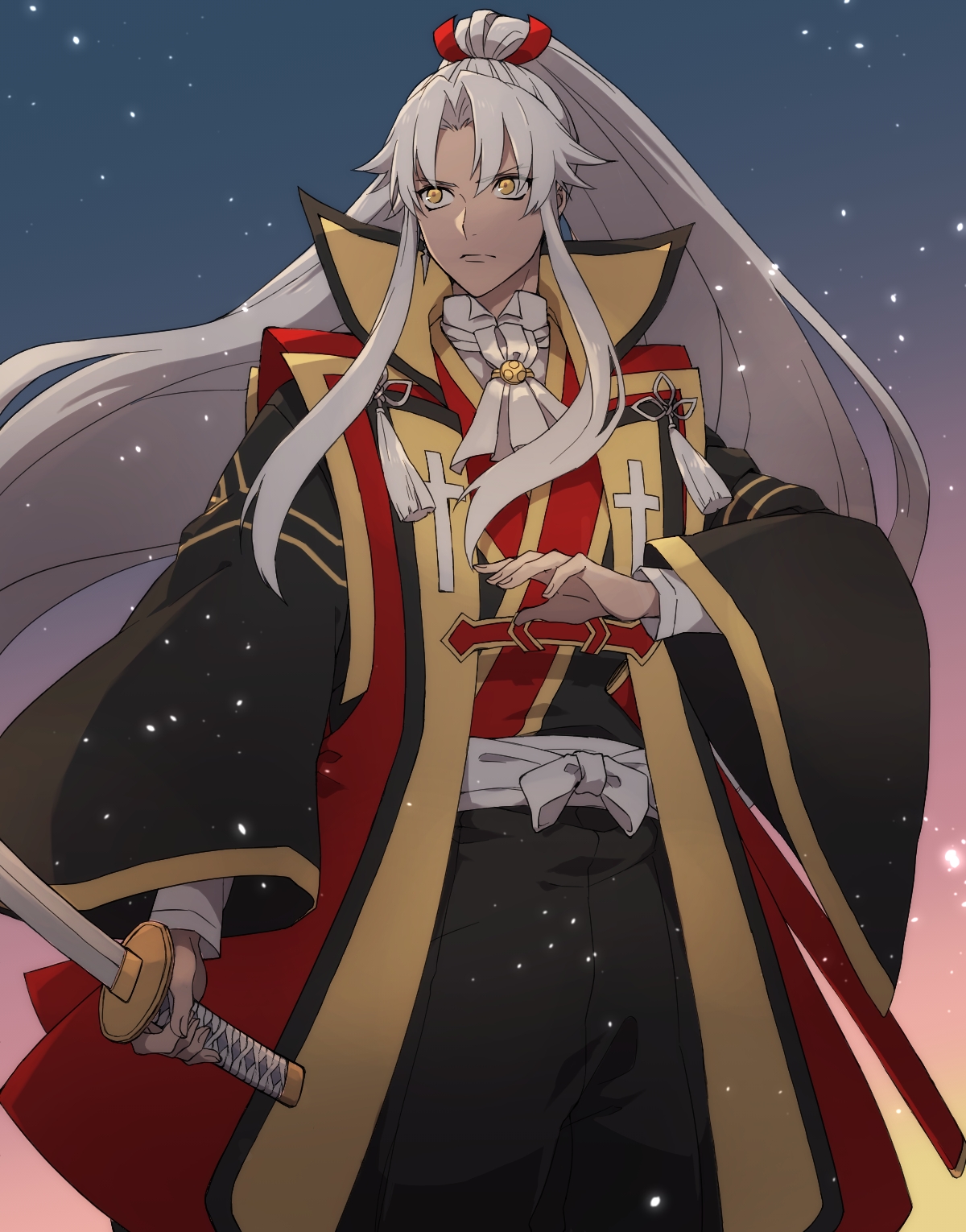 tofu (bean359), amakusa shirou (fate), amakusa shirou (third ascension) (fate), fate/apocrypha, fate (series), commentary request, highres, 1boy, coat, dark-skinned male, dark skin, feet out of frame, high ponytail, holding, holding sword, holding weapon, japanese clothes, katana, long hair, male focus, ponytail, sidelocks, solo, sword, tassel, very long hair, weapon, white hair, wide sleeves, yellow eyes