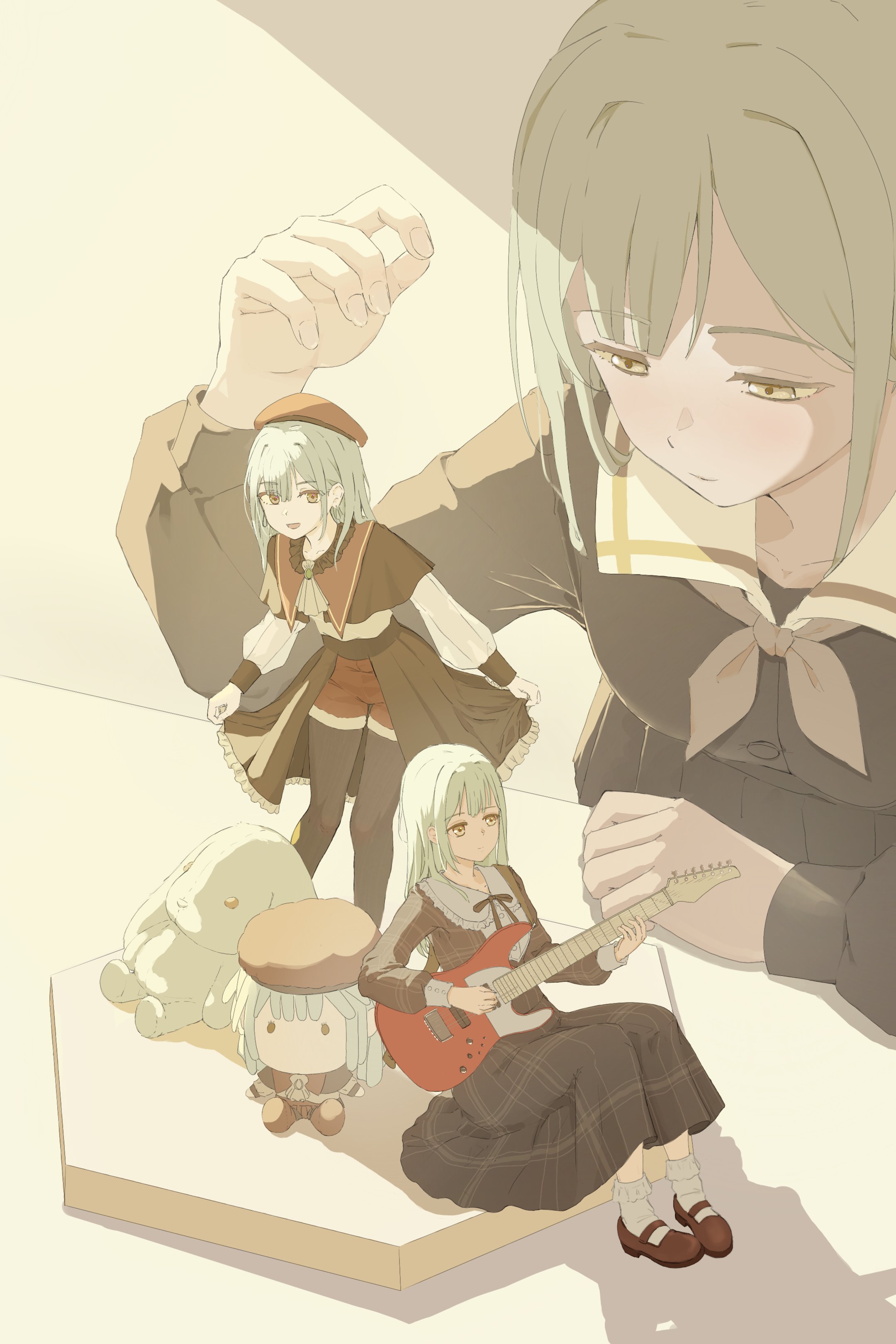 asdfg0612, mortis (bang dream!), mortis (costume) (bang dream!), wakaba mutsumi, bang dream!, bang dream! it's mygo!!!!!, absurdres, hashtag-only commentary, highres, 1girl, ascot, beret, black capelet, brooch, capelet, closed mouth, earrings, green hair, guitar, hat, instrument, jewelry, long hair, long sleeves, multiple persona, music, neck ribbon, neckerchief, open mouth, playing guitar, playing instrument, red hat, ribbon, school uniform, shirt, sidelocks, sitting, skirt, socks, standing, stuffed animal, stuffed toy, white ascot, white socks, yellow eyes