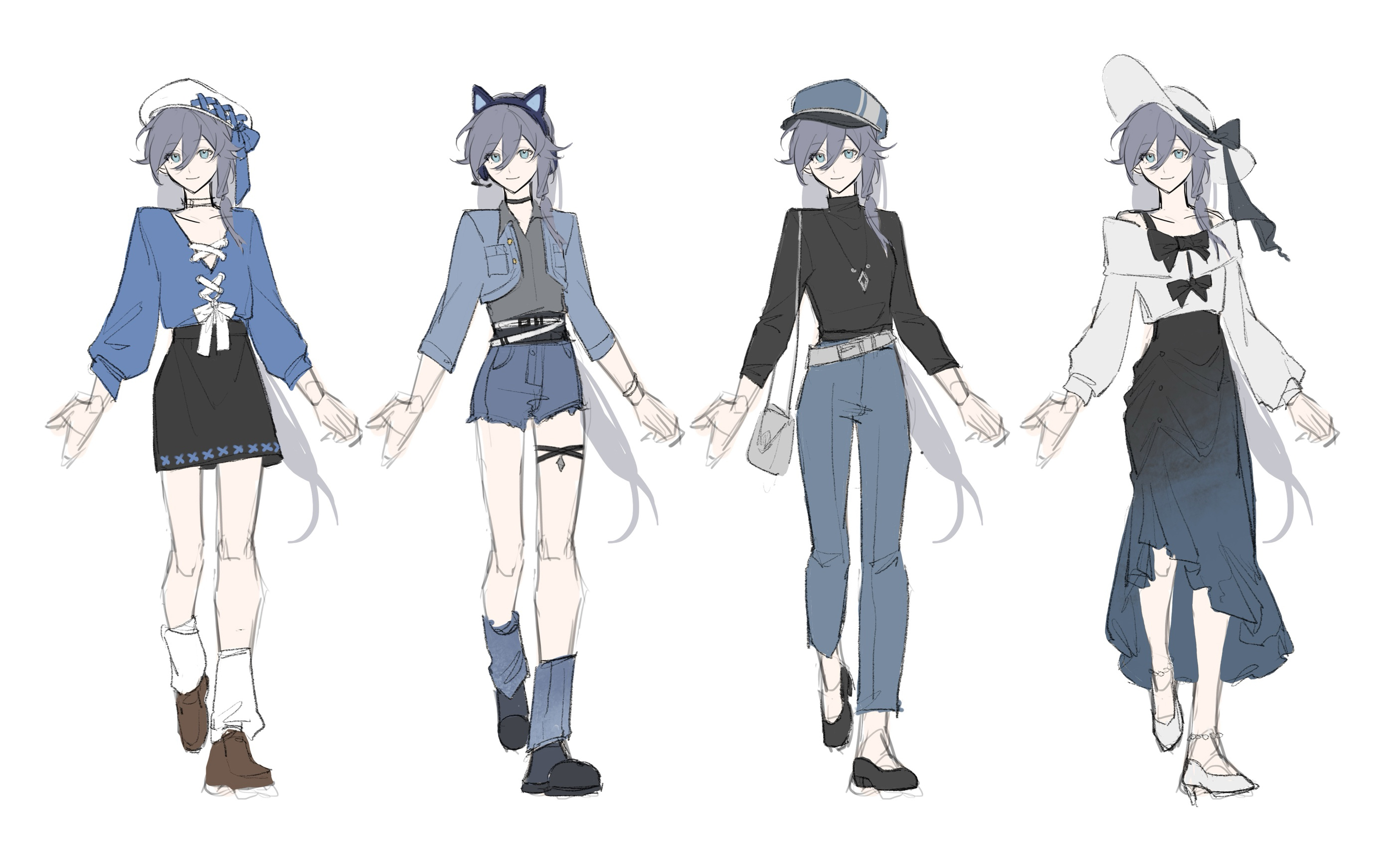 sang sha, fu hua, honkai (series), honkai impact 3rd, artist collaboration, commentary, english commentary, highres, 1girl, alternate costume, animal ear headphones, animal ears, bare shoulders, black bow, black shirt, black skirt, blue eyes, blue hat, blue jacket, blue shirt, blue shorts, bow, breasts, brown shoes, cat ear headphones, cat ears, closed mouth, collarbone, fake animal ears, grey hair, grey shirt, hair between eyes, hat, hat bow, headphones, jacket, jewelry, long hair, long skirt, long sleeves, looking at viewer, multiple views, necklace, off-shoulder shirt, off shoulder, reference sheet, shirt, shoes, shorts, simple background, sketch, skirt, small breasts, smile, very long hair, white background, white hat, white shirt, zelian