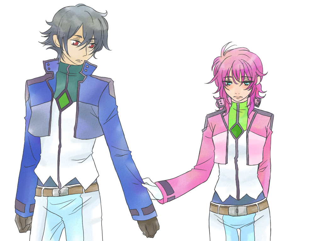 feldt grace, setsuna f. seiei, gundam, gundam 00, 00s, 1boy, 1girl, black hair, couple, hetero, pink hair, ponytail, red eyes, simple background