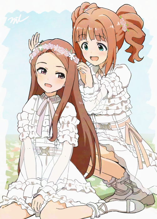 aayh, minase iori, takatsuki yayoi, idolmaster, idolmaster (classic), commentary request, 2girls, :d, between legs, blue eyes, dress, flower, flower wreath, forehead, grey shoes, hand between legs, head wreath, long hair, long sleeves, multiple girls, open mouth, pink flower, red eyes, shoes, signature, sitting, sleeves past wrists, smile, socks, squatting, twintails, very long hair, wariza, white dress, white flower, white socks