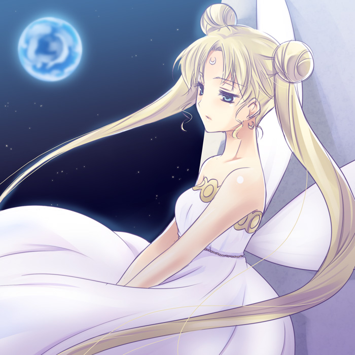 yukian, neo queen serenity, princess serenity, tsukino usagi, bishoujo senshi sailor moon, silver hair, bad id, bad pixiv id, 1990s (style), 1girl, bare shoulders, blonde hair, blue eyes, crescent, crescent facial mark, double bun, dress, earrings, earth (planet), facial mark, female focus, gown, hair bun, half-closed eyes, jewelry, planet, princess, retro artstyle, solo, space, strapless, strapless dress, twintails