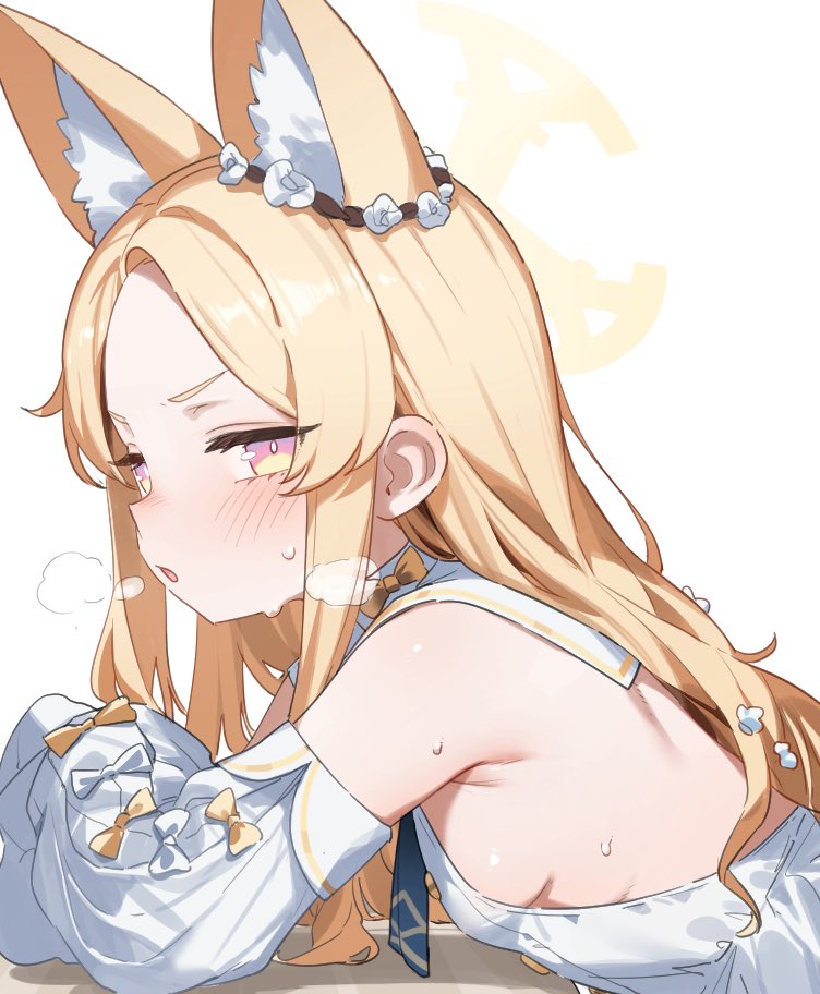 heoningu, seia (blue archive), blue archive, commentary request, 1girl, animal ears, blush, bow, breasts, detached sleeves, dress, flower, fox ears, fox girl, hair flower, hair ornament, halo, long hair, looking at viewer, open mouth, pink eyes, sideboob, simple background, sleeveless, sleeveless dress, small breasts, solo, sweat, white background, white bow, white dress, white flower, yellow bow, yellow halo