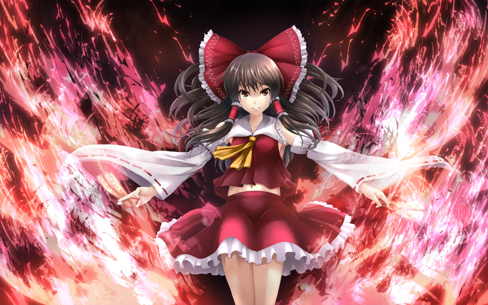 asu hare, hakurei reimu, touhou, bad id, bad pixiv id, highres, 1girl, between fingers, bow, brown eyes, brown hair, detached sleeves, female focus, hair bow, holding, japanese clothes, midriff, miko, navel, ofuda, outstretched arms, smile, solo, spread arms