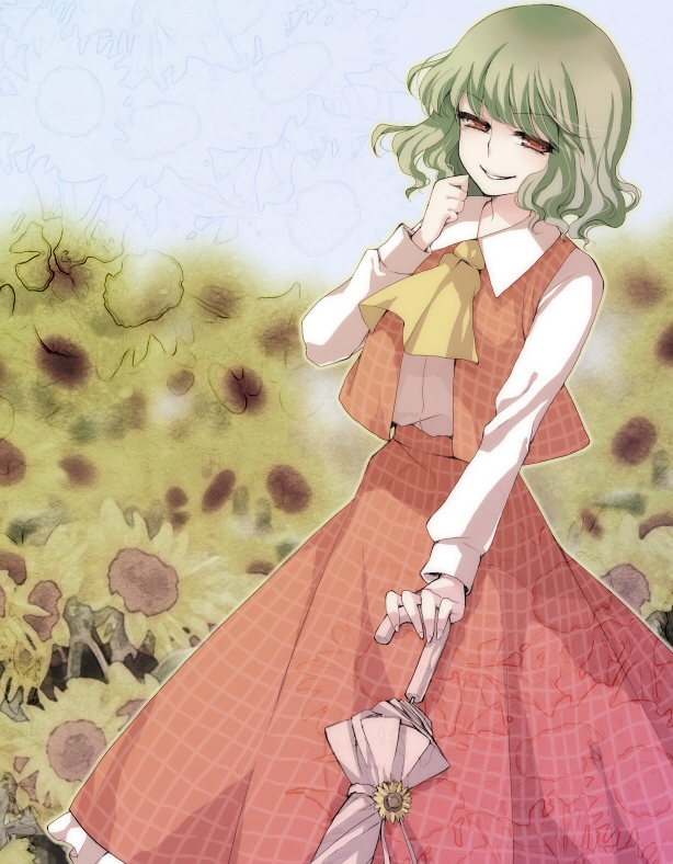 midori (green tea), midori (pixiv), kazami yuuka, touhou, bad id, bad pixiv id, 1girl, ascot, closed umbrella, female focus, field, flower, flower field, green hair, plaid clothes, plaid skirt, plaid vest, red eyes, short hair, skirt, skirt set, smile, smirk, solo, standing, sunflower, sunflower field, umbrella, vest