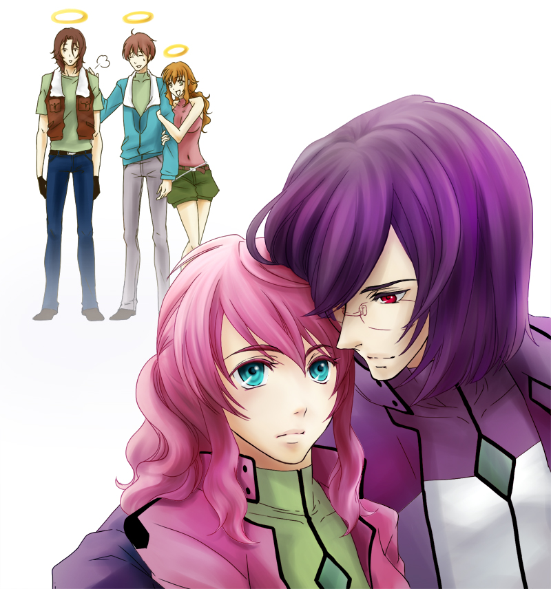 ta ko, christina sierra, feldt grace, lichtendahl tsery, lockon stratos, tieria erde, gundam, gundam 00, bad id, bad pixiv id, spoilers, 00s, 2girls, 3boys, brown hair, jacket, multiple boys, multiple girls, pink hair, ponytail, purple hair, red eyes, smile, vest