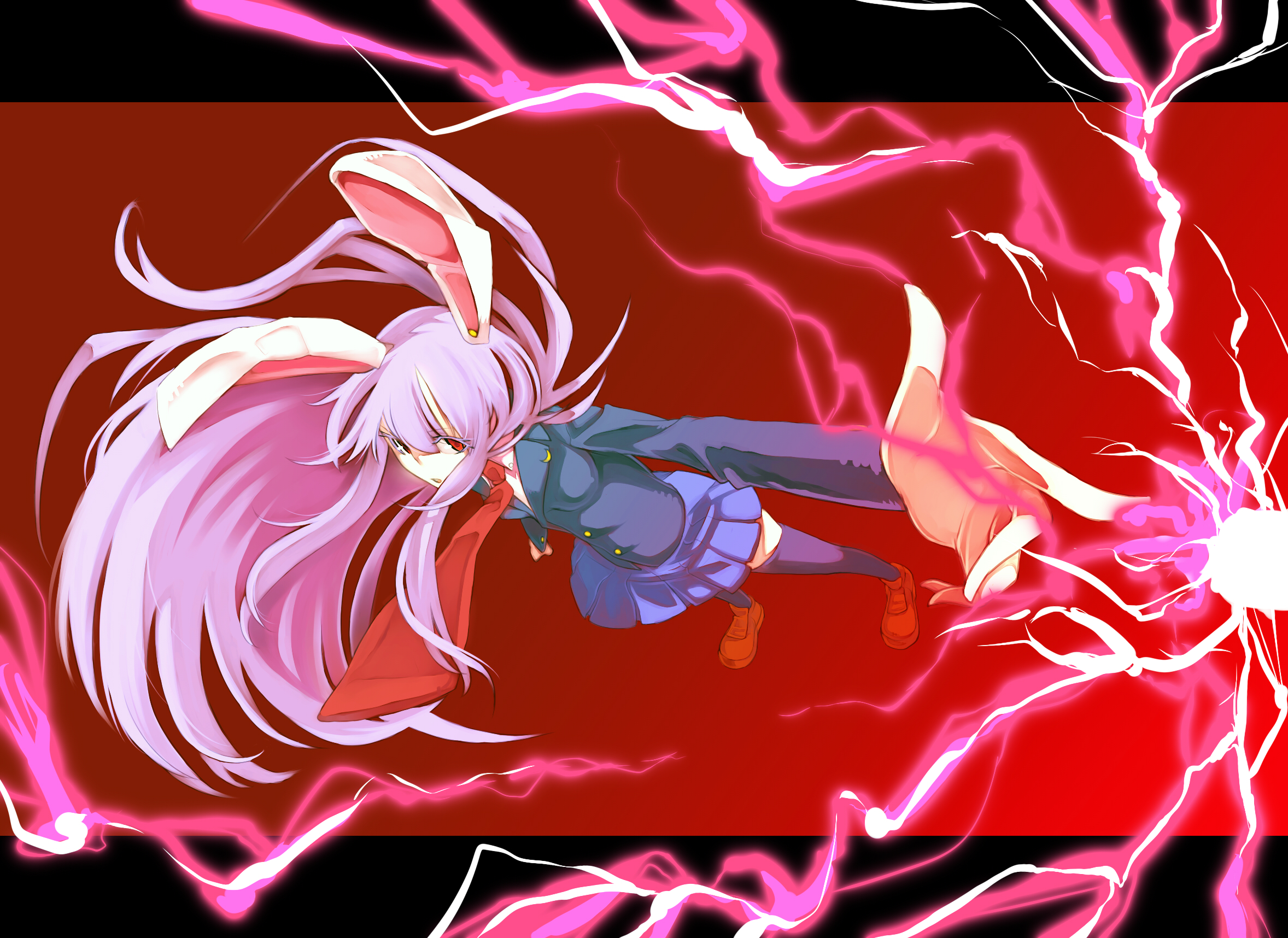 kakei, reisen udongein inaba, touhou, bad id, bad pixiv id, highres, 1girl, animal ears, blazer, female focus, foreshortening, jacket, long hair, necktie, pleated skirt, pointing, purple hair, rabbit ears, red eyes, red necktie, skirt, solo, sparks, square-end necktie, thighhighs