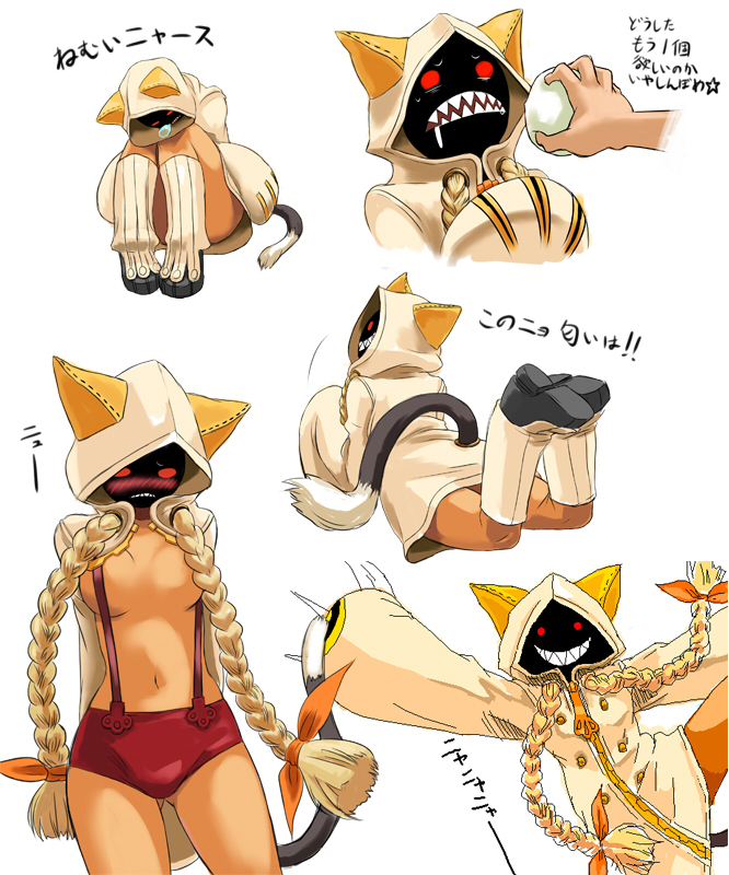 iwaya, taokaka, arc system works, blazblue, translation request, 1girl, animal ears, animal hood, blonde hair, blush, bow, braid, breasts, cat ears, cat hood, cat tail, claws, cleavage, dark-skinned female, dark skin, drooling, food, grin, hair bow, hood, hoodie, long hair, medium breasts, navel, red eyes, sleeping, smile, snot, steamed bun, suspenders, tail, twin braids, twintails