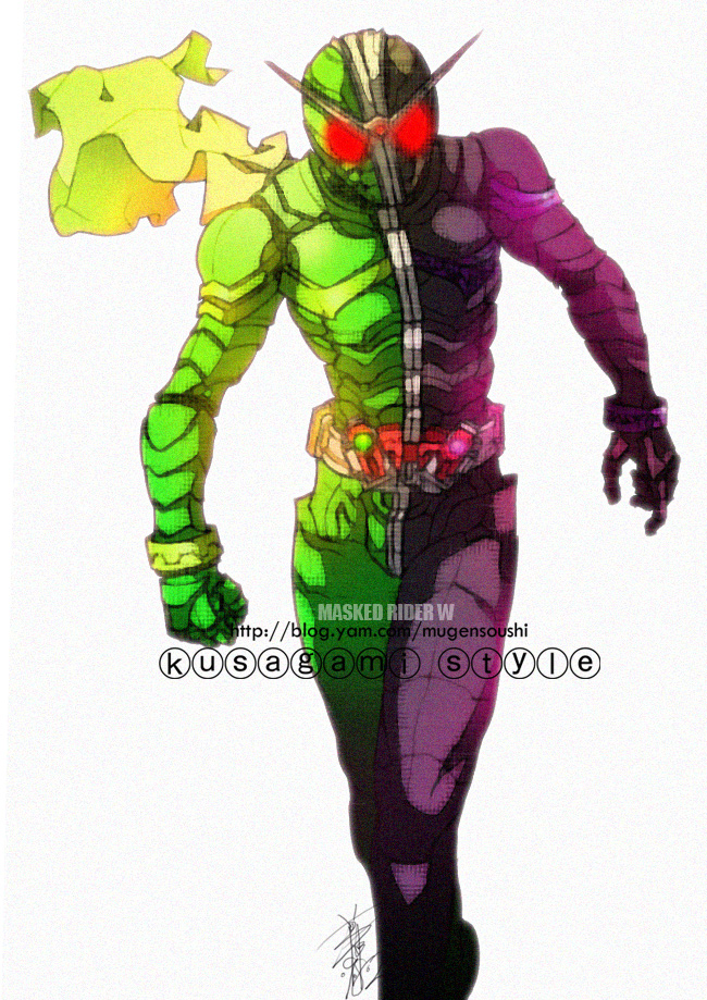 kusagami style, kamen rider double, kamen rider, kamen rider w, bad id, bad pixiv id, 1boy, antennae, belt, black bodysuit, bodysuit, male focus, scarf, solo, watermark