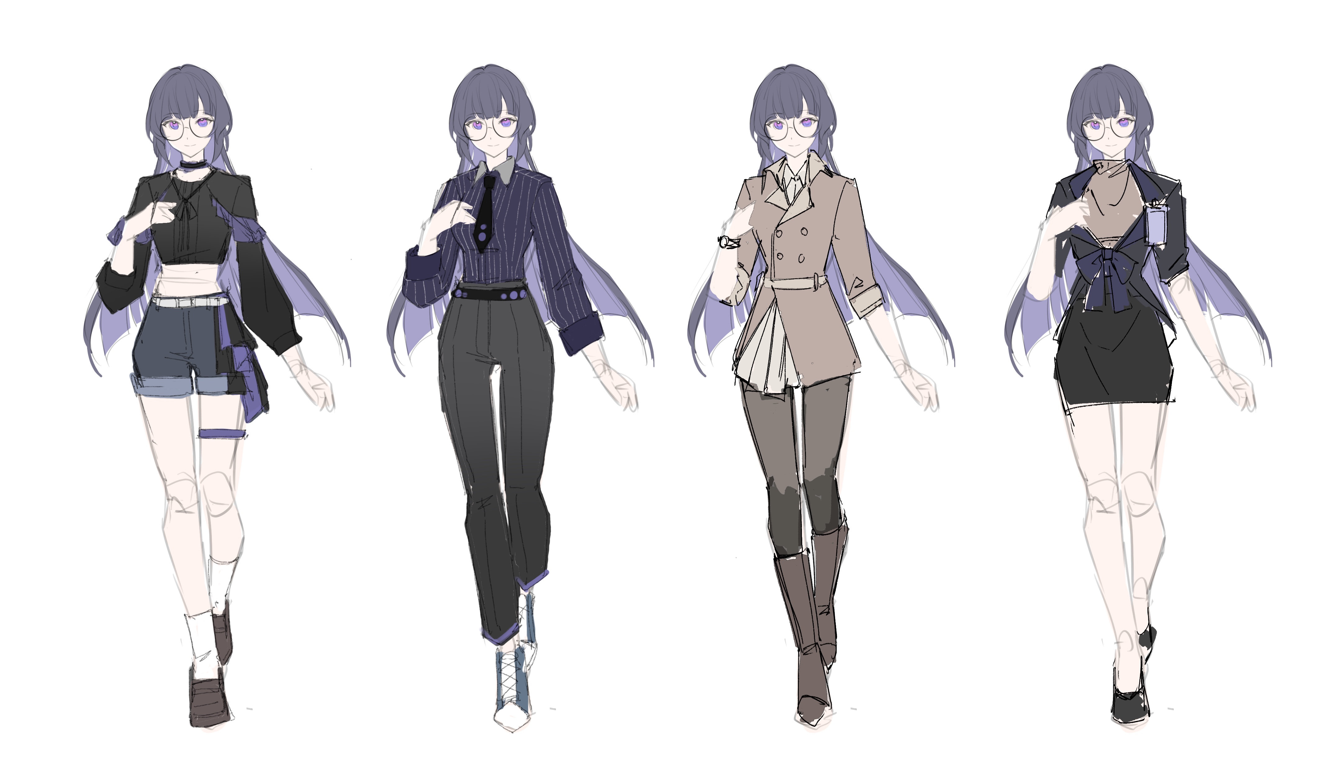 sang sha, mei (honkai impact), honkai (series), honkai impact 3rd, absurdres, artist collaboration, commentary, english commentary, highres, 1girl, alternate costume, black jacket, black necktie, black pants, black shirt, black shorts, black skirt, boots, breasts, brown boots, brown jacket, buttons, crop top, double-breasted, glasses, grey pantyhose, id card, jacket, long hair, long sleeves, looking at viewer, medium breasts, multiple views, necktie, pants, pantyhose, pencil skirt, purple eyes, purple hair, purple shirt, reference sheet, shirt, shorts, simple background, sketch, skirt, thigh strap, white background, zelian