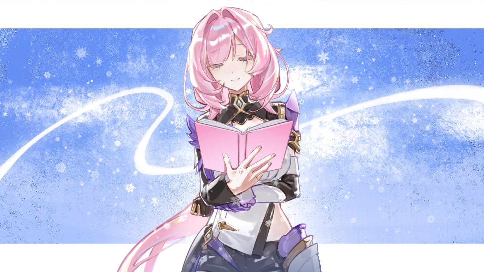 seawave02974, elysia (honkai impact), elysia (miss pink elf) (honkai impact), honkai (series), honkai impact 3rd, chinese commentary, commentary request, highres, procreate (medium), 1girl, black shorts, black shrug, blue eyes, blue sky, book, breasts, corset, elf, holding, holding book, large breasts, looking at viewer, open book, pink hair, pink pupils, pointy ears, shorts, shrug (clothing), sky, smile, solo, white corset