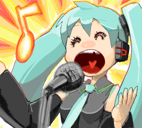 moudoku (decopon3rd), hatsune miku, vocaloid, 1girl, aqua hair, closed eyes, detached sleeves, female focus, long hair, microphone, microphone stand, music, necktie, open mouth, singing, smile, solo, twintails