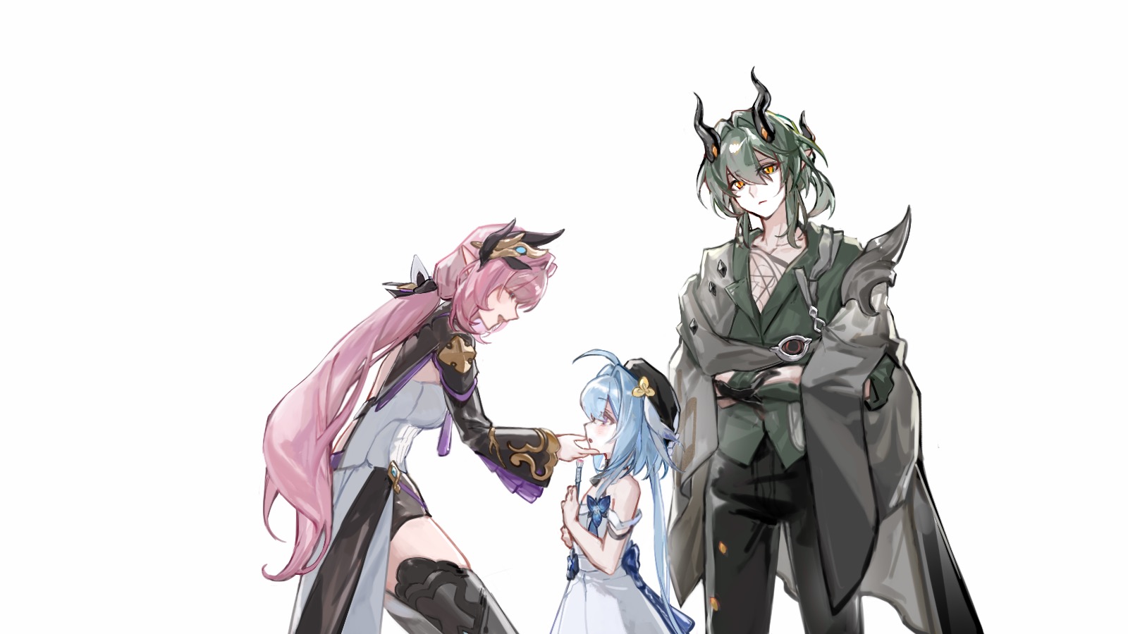 seawave02974, elysia (honkai impact), elysia (miss pink elf) (honkai impact), griseo, griseo (starry impression), kosma, honkai (series), honkai impact 3rd, chinese commentary, commentary request, highres, procreate (medium), 1boy, 2girls, beret, black horns, black pants, blue hair, breasts, corset, dress, green hair, green shirt, grey jacket, hair ornament, hat, horns, jacket, large breasts, long hair, multiple girls, orange eyes, pants, pink hair, purple eyes, shirt, short hair, simple background, smile, very long hair, white background, white corset, white dress