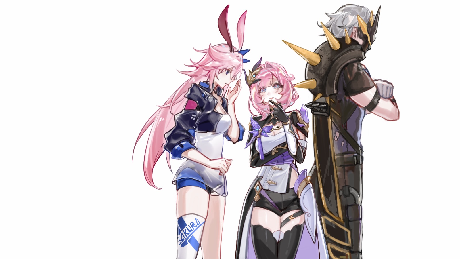 seawave02974, elysia (honkai impact), elysia (miss pink elf) (honkai impact), kalpas (honkai impact), yae sakura, yae sakura (goushinnso memento), honkai (series), honkai impact 3rd, chinese commentary, commentary request, highres, procreate (medium), 1boy, 2girls, animal ears, black boots, black pants, black shorts, blue eyes, blue jacket, blue shorts, boots, breasts, corset, crossed arms, fox ears, fox girl, grey shirt, jacket, large breasts, long hair, multiple girls, pants, pink hair, purple eyes, shirt, short shorts, shorts, simple background, single thighhigh, thighhighs, thighs, very long hair, white background, white corset, white shirt, white thighhighs