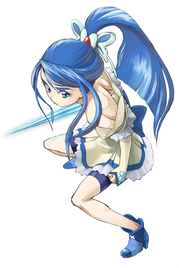 moudoku (decopon3rd), cure aqua, minazuki karen, precure, yes! precure 5, eyebrows, 00s, 1girl, back, bare shoulders, bike shorts, bike shorts under skirt, blue eyes, blue hair, blue shorts, butterfly hair ornament, energy sword, eyelashes, female focus, foreshortening, hair ornament, long hair, magical girl, matching hair/eyes, ponytail, shorts, shorts under skirt, simple background, solo, sword, weapon, white background, wide ponytail
