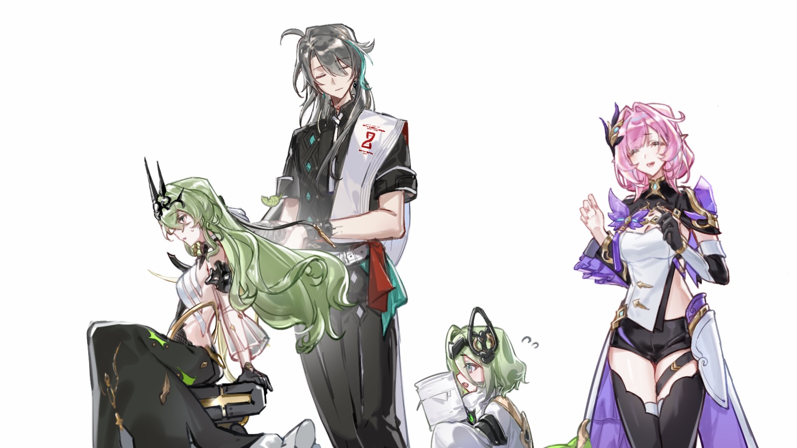 seawave02974, elysia (honkai impact), elysia (miss pink elf) (honkai impact), klein (honkai impact), mobius (honkai impact), su (honkai impact), honkai (series), honkai impact 3rd, commentary request, highres, procreate (medium), 1boy, 3girls, ahoge, black dress, black gloves, black pants, black shrug, black tiara, breasts, cleavage, coat, corset, dress, elf, gloves, green hair, grey hair, lab coat, long hair, multiple girls, pants, pink hair, pointy ears, shrug (clothing), single glove, small breasts, tiara, two-tone shirt, very long hair, white coat, white corset